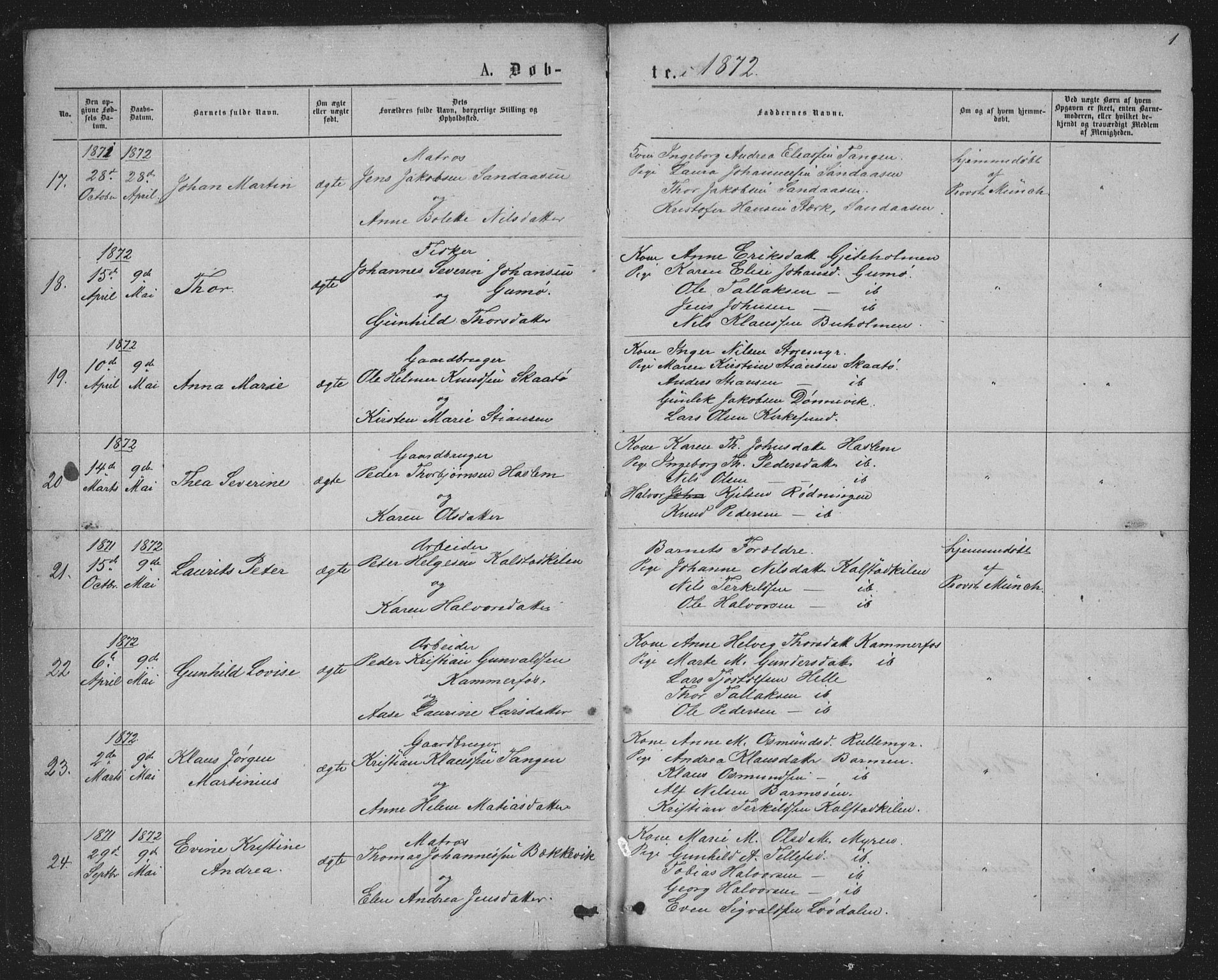 Skåtøy kirkebøker, SAKO/A-304/G/Ga/L0002: Parish register (copy) no. I 2, 1872-1884, p. 1