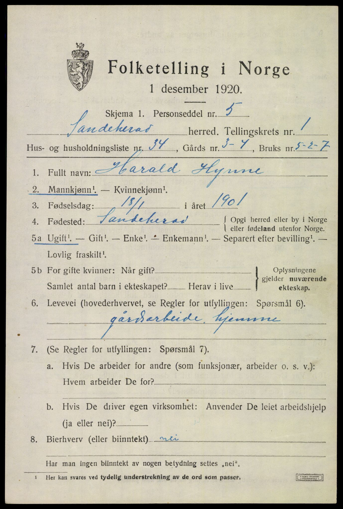 SAKO, 1920 census for Sandeherred, 1920, p. 4120