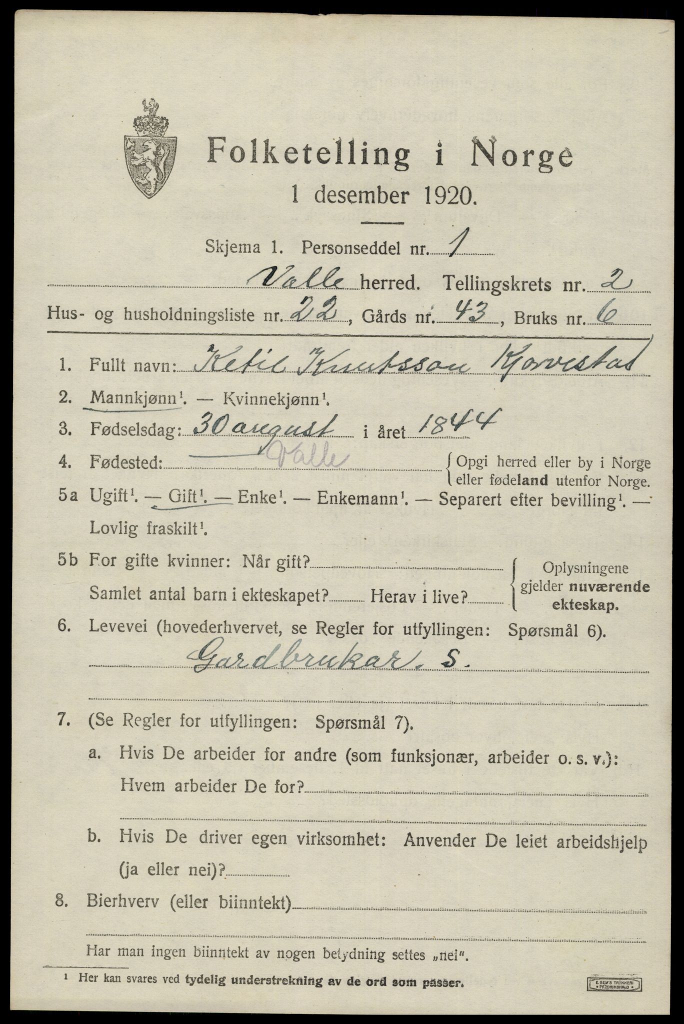 SAK, 1920 census for Valle, 1920, p. 1183