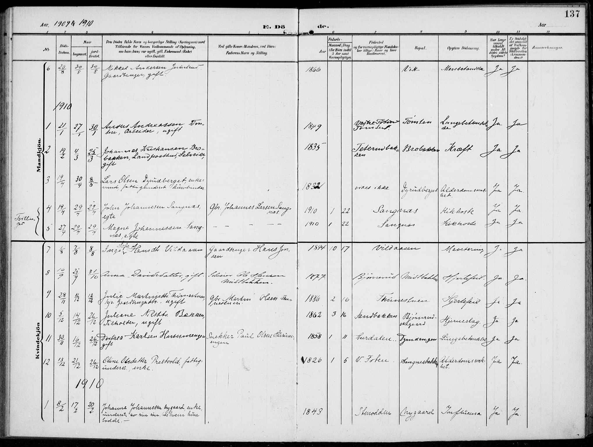 Kolbu prestekontor, SAH/PREST-110/H/Ha/Haa/L0001: Parish register (official) no. 1, 1907-1923, p. 137