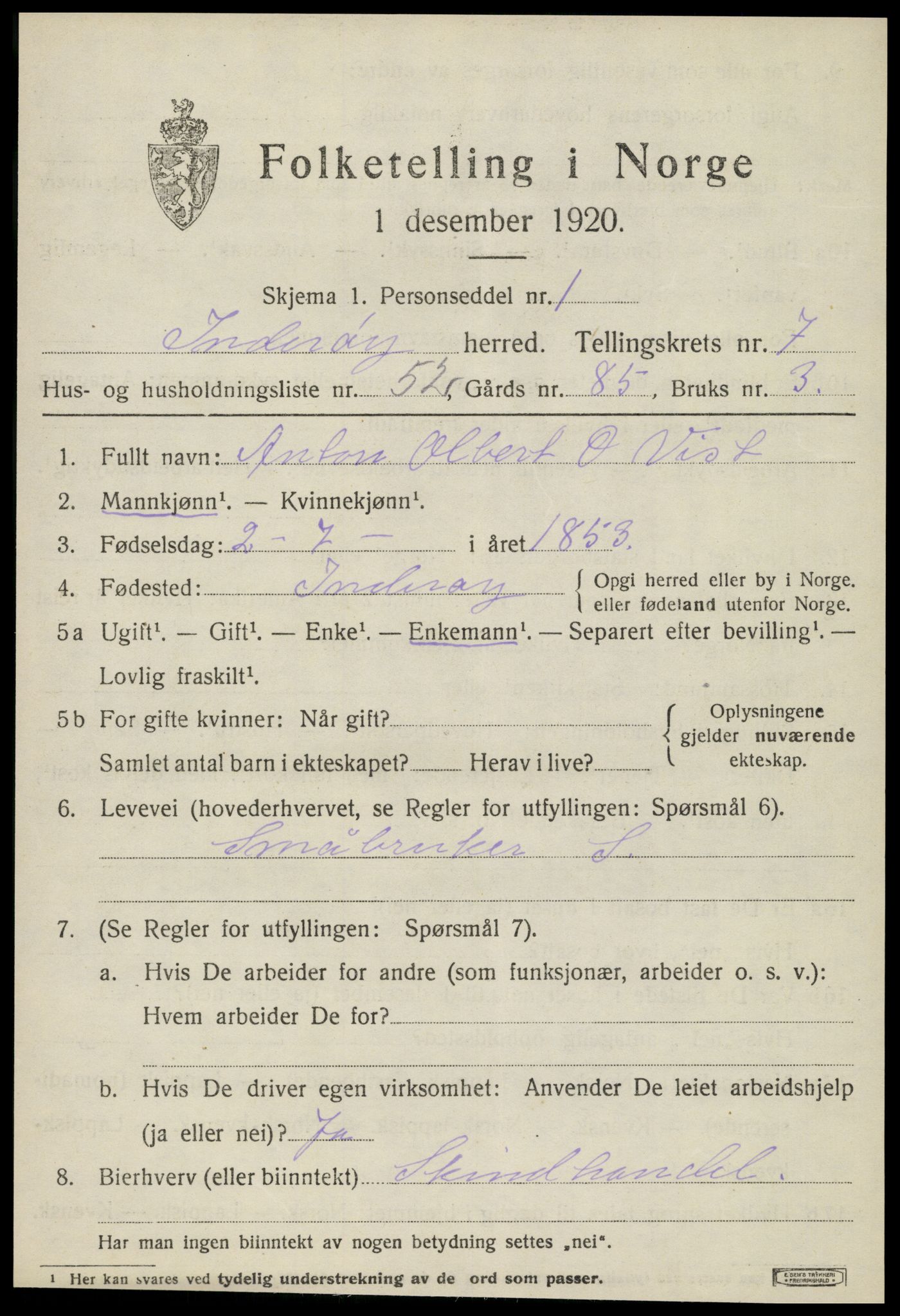 SAT, 1920 census for Inderøy, 1920, p. 5591