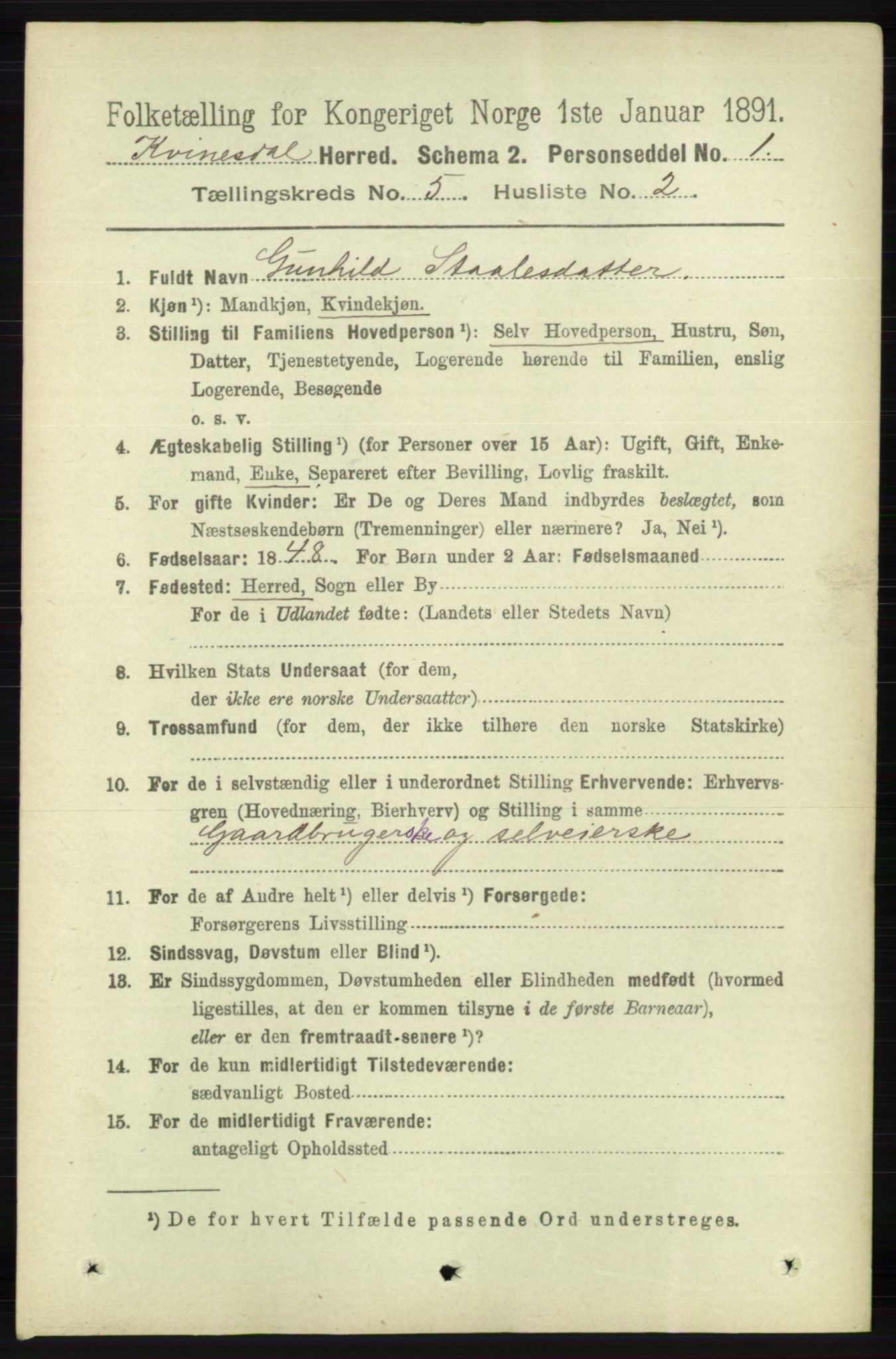 RA, 1891 census for 1037 Kvinesdal, 1891, p. 1703