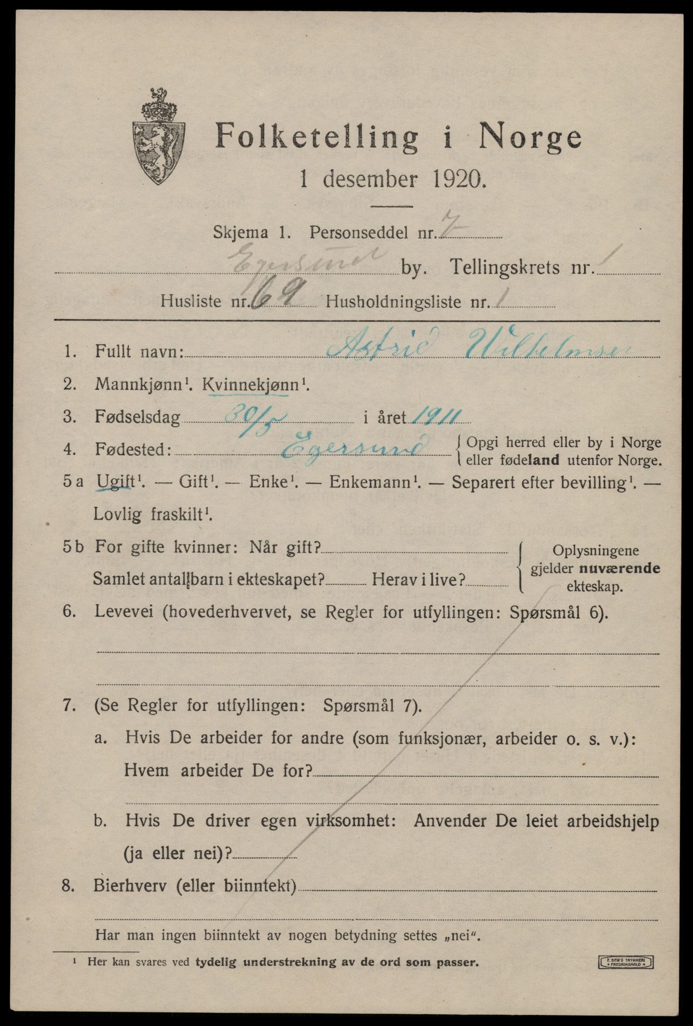 SAST, 1920 census for Egersund town, 1920, p. 3670