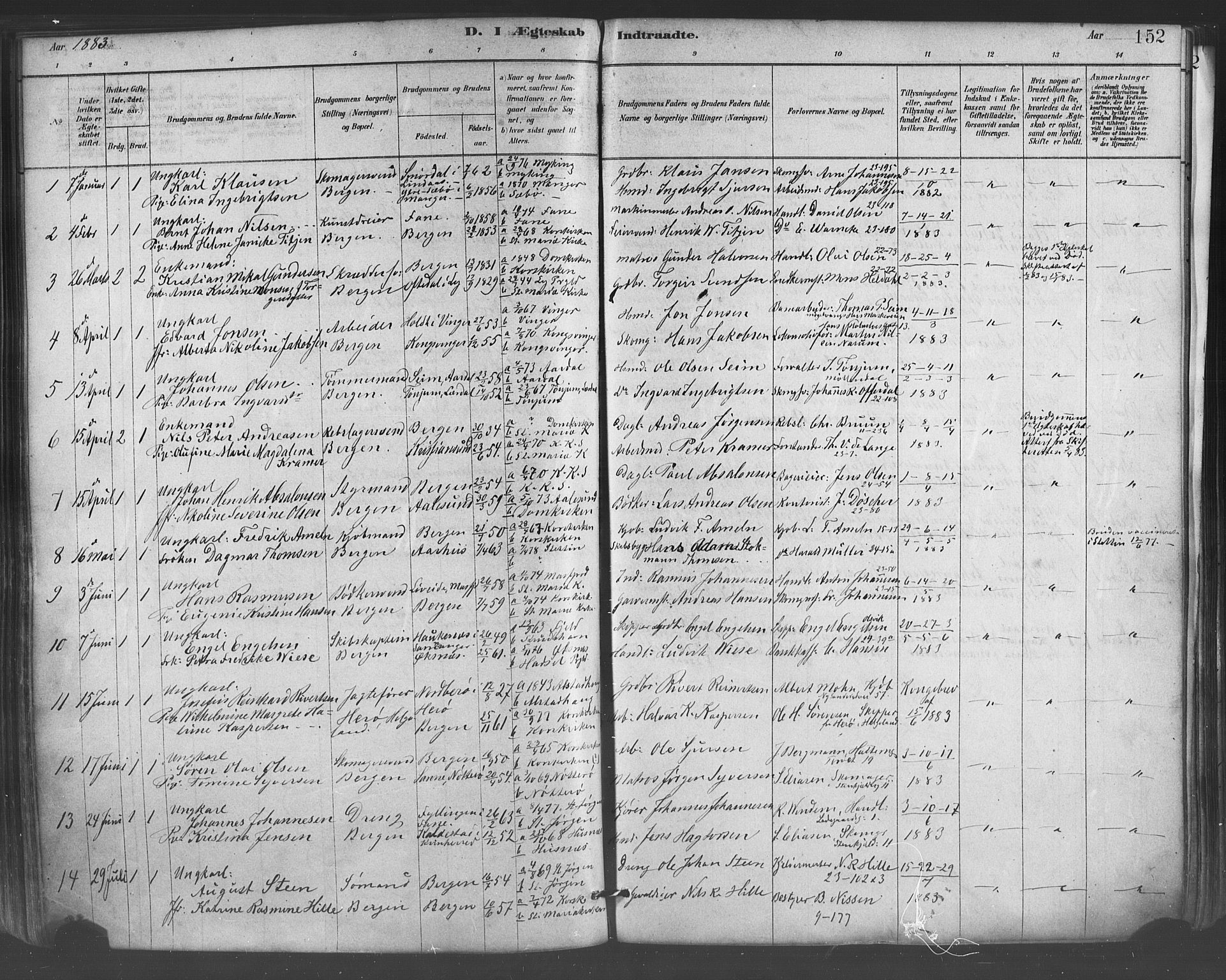 Mariakirken Sokneprestembete, SAB/A-76901/H/Haa/L0007: Parish register (official) no. A 7, 1878-1893, p. 152