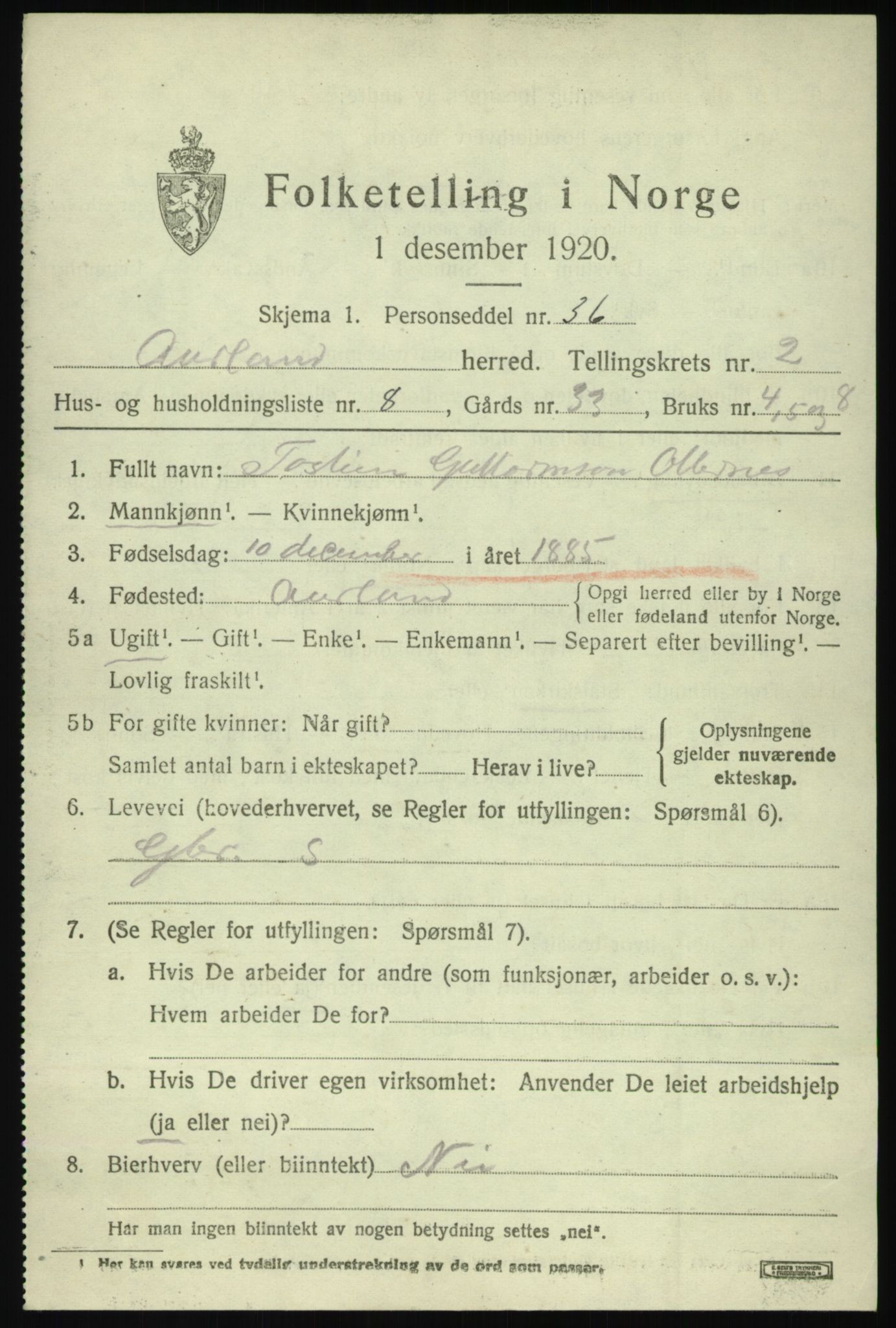 SAB, 1920 census for Aurland, 1920, p. 1900