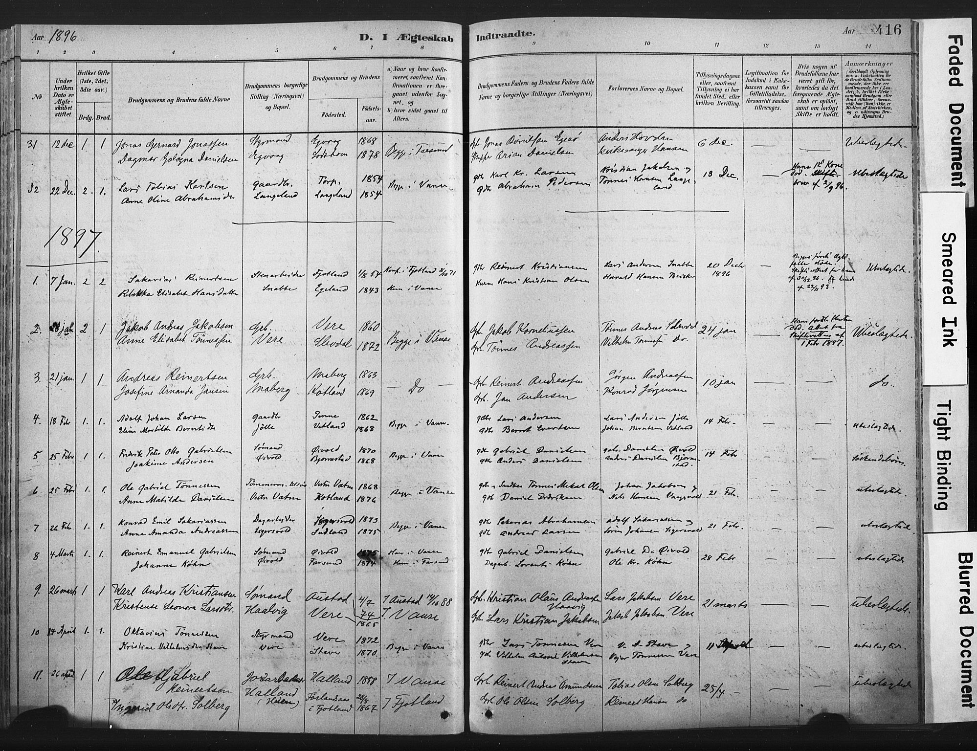 Lista sokneprestkontor, AV/SAK-1111-0027/F/Fa/L0012: Parish register (official) no. A 12, 1879-1903, p. 416