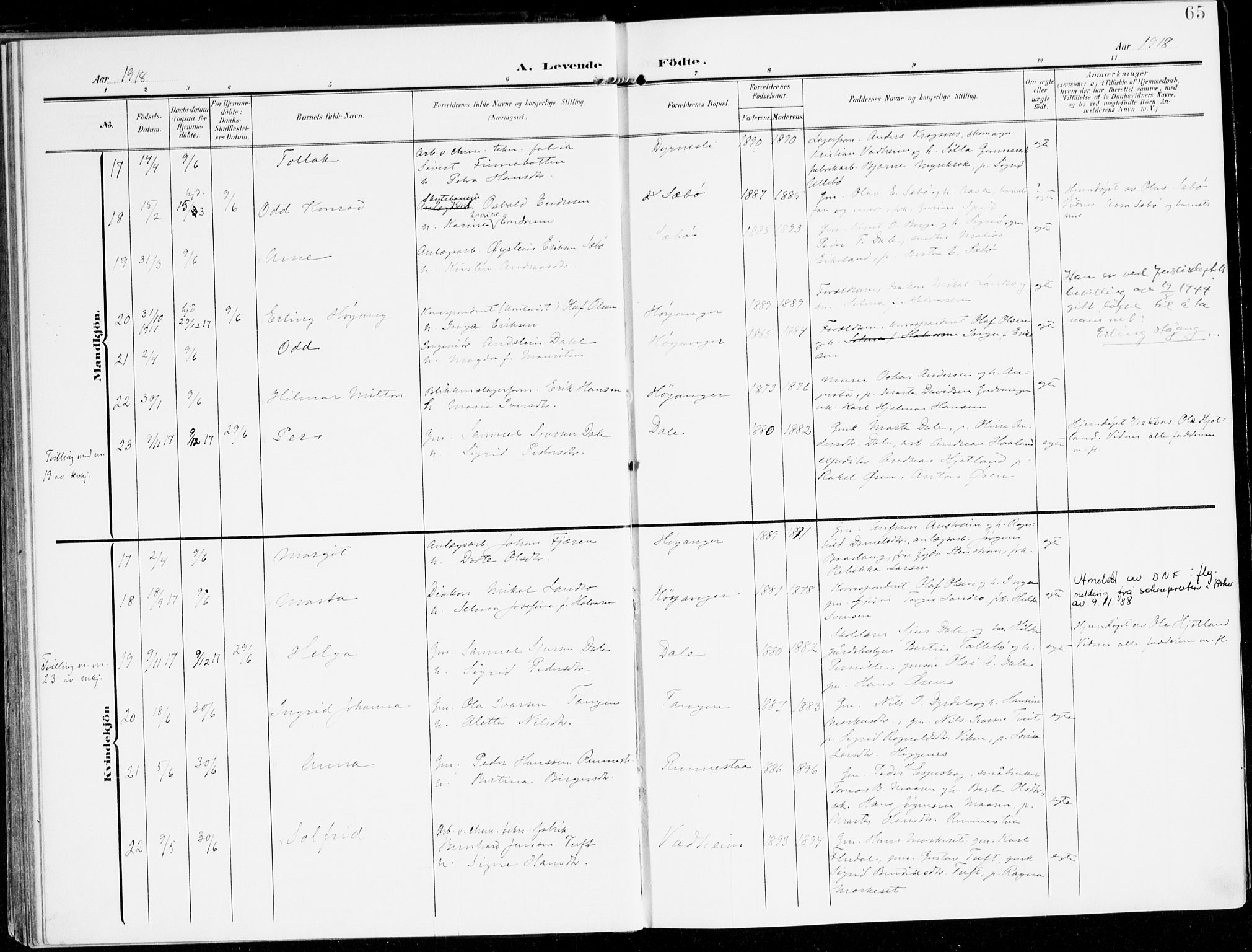 Lavik sokneprestembete, AV/SAB-A-80901: Parish register (official) no. C 2, 1904-1921, p. 65