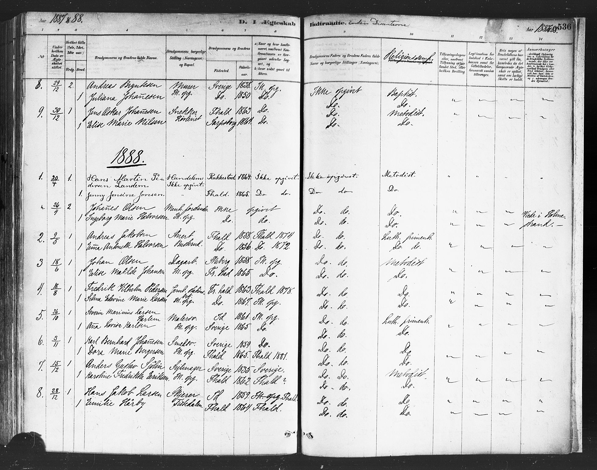 Halden prestekontor Kirkebøker, SAO/A-10909/F/Fa/L0011: Parish register (official) no. I 11, 1878-1889, p. 536
