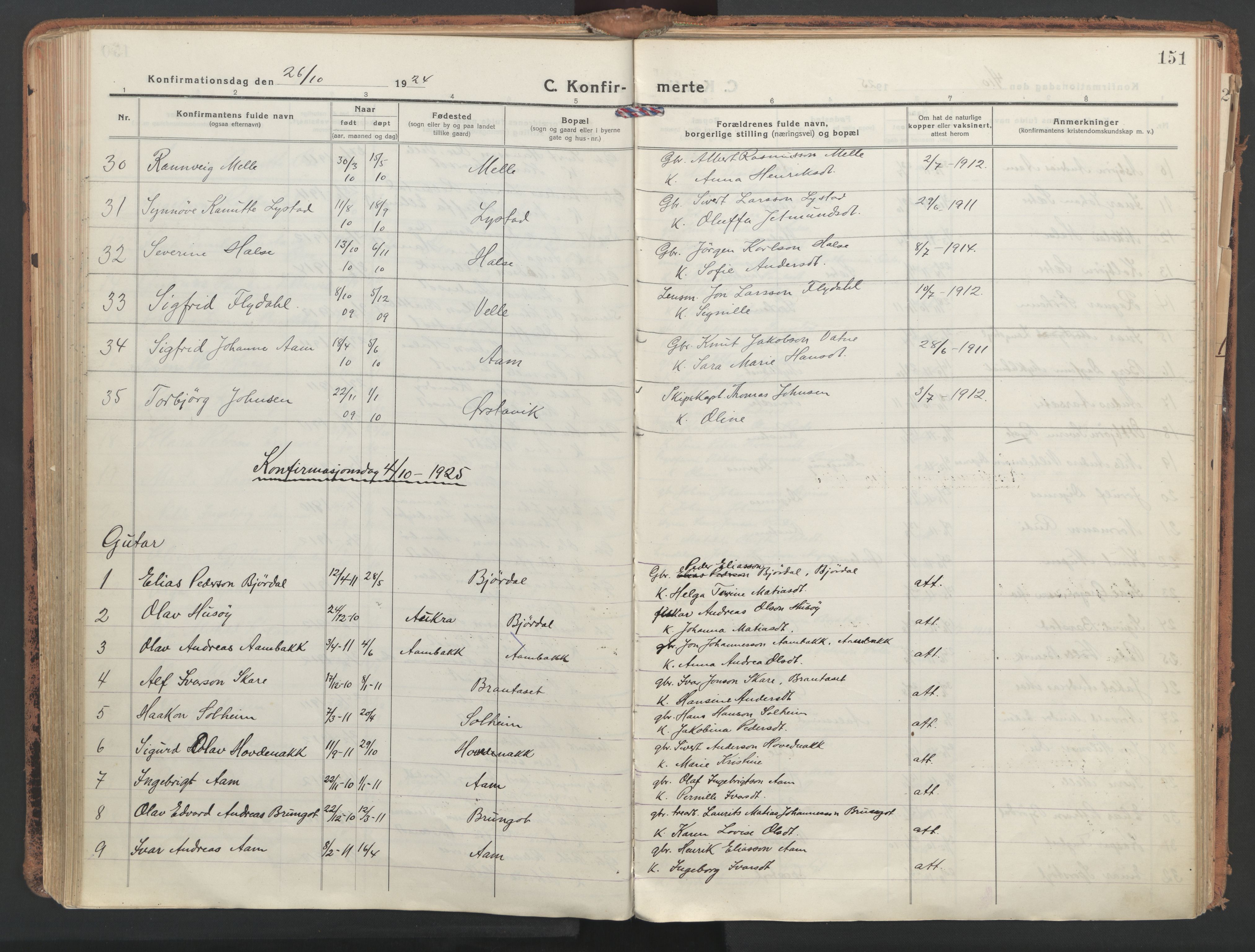 Ministerialprotokoller, klokkerbøker og fødselsregistre - Møre og Romsdal, AV/SAT-A-1454/513/L0180: Parish register (official) no. 513A07, 1919-1929, p. 151