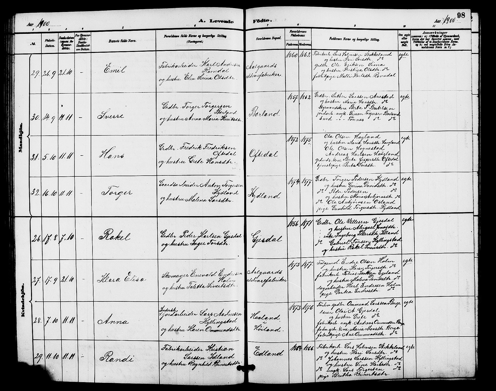 Lye sokneprestkontor, AV/SAST-A-101794/001/30BB/L0008: Parish register (copy) no. B 7, 1887-1901, p. 98