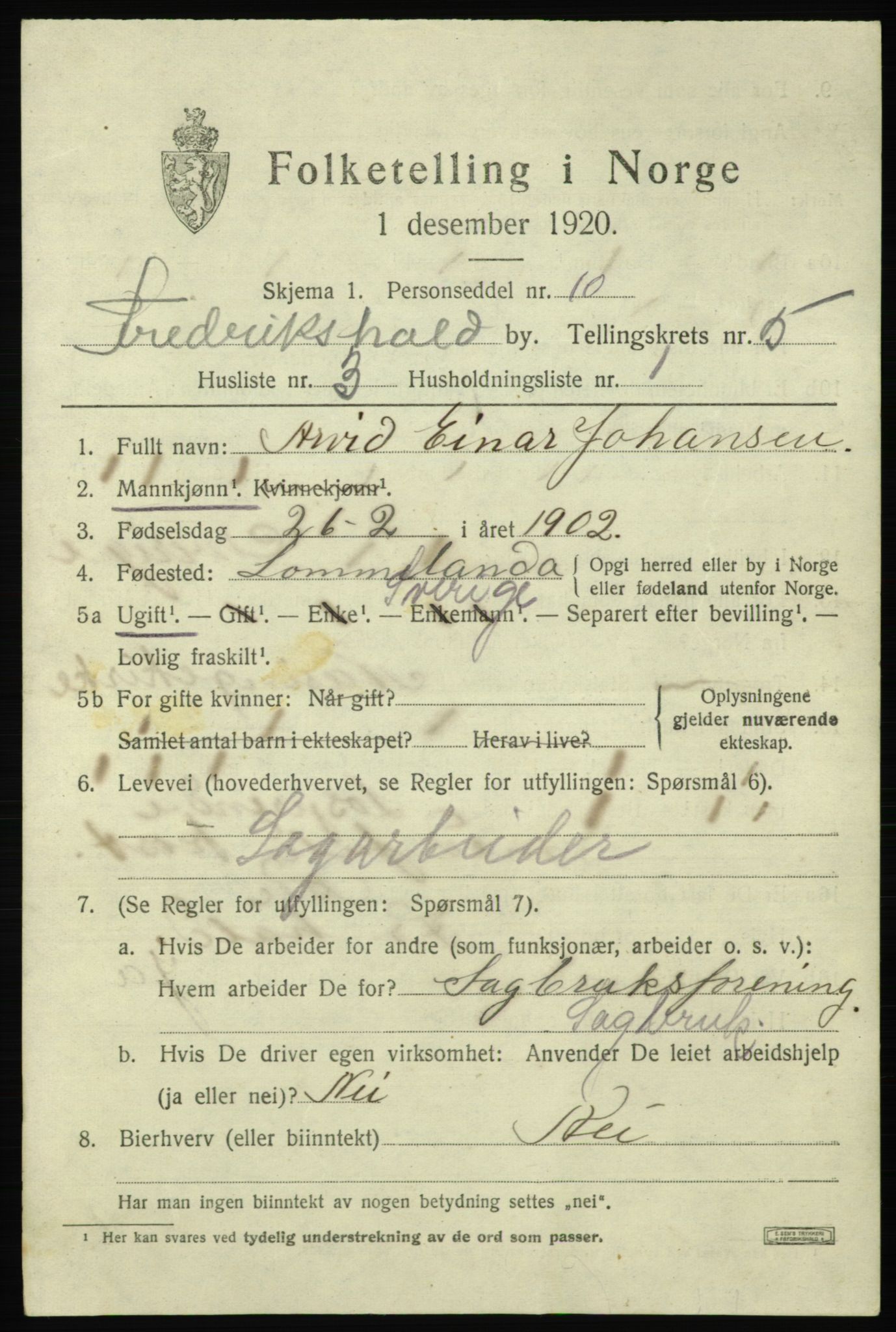 SAO, 1920 census for Fredrikshald, 1920, p. 11938