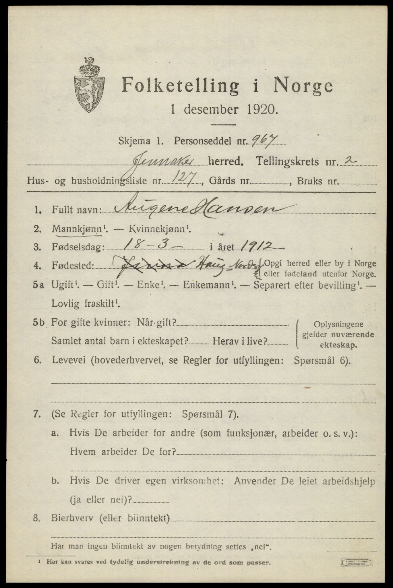 SAH, 1920 census for Jevnaker, 1920, p. 3333