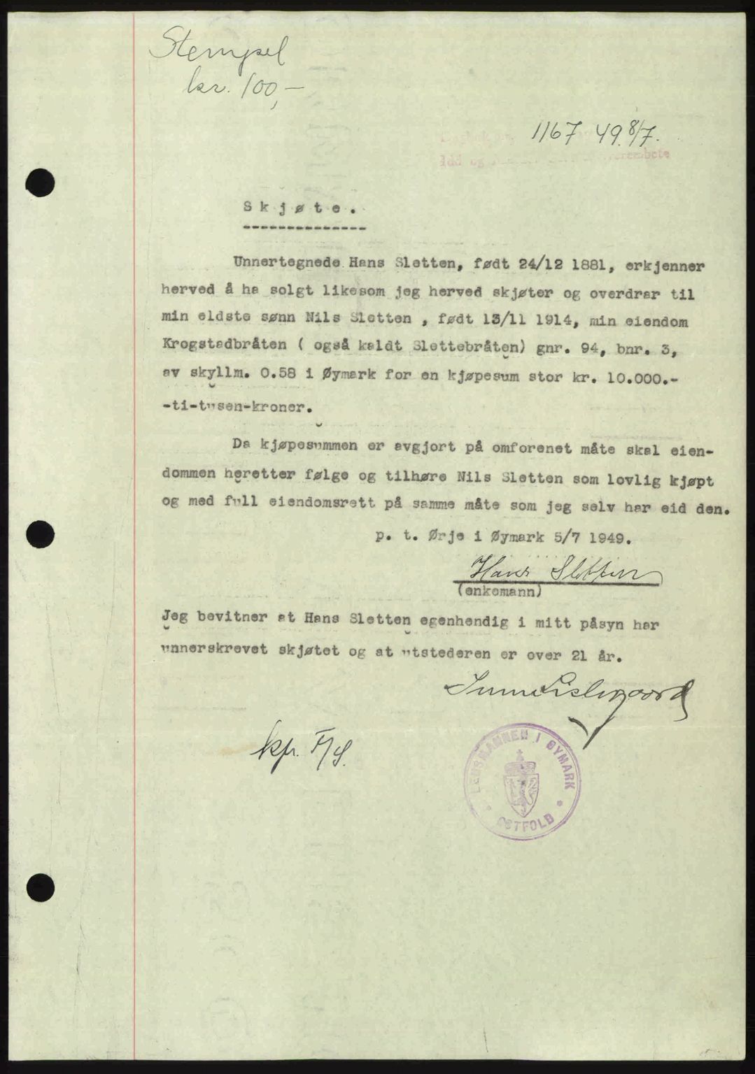 Idd og Marker sorenskriveri, AV/SAO-A-10283/G/Gb/Gbb/L0012: Mortgage book no. A12, 1949-1949, Diary no: : 1167/1949