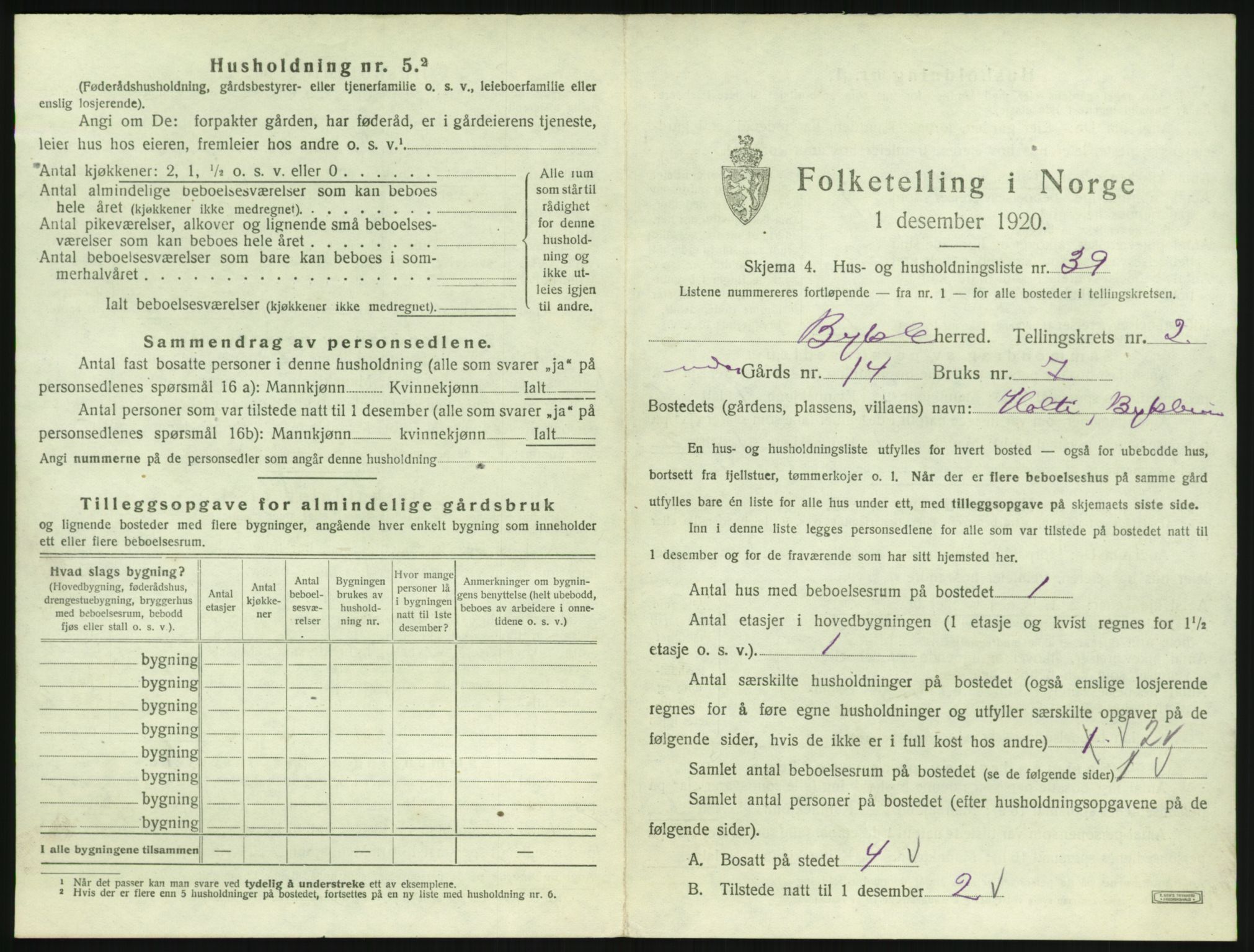 SAK, 1920 census for Bykle, 1920, p. 147