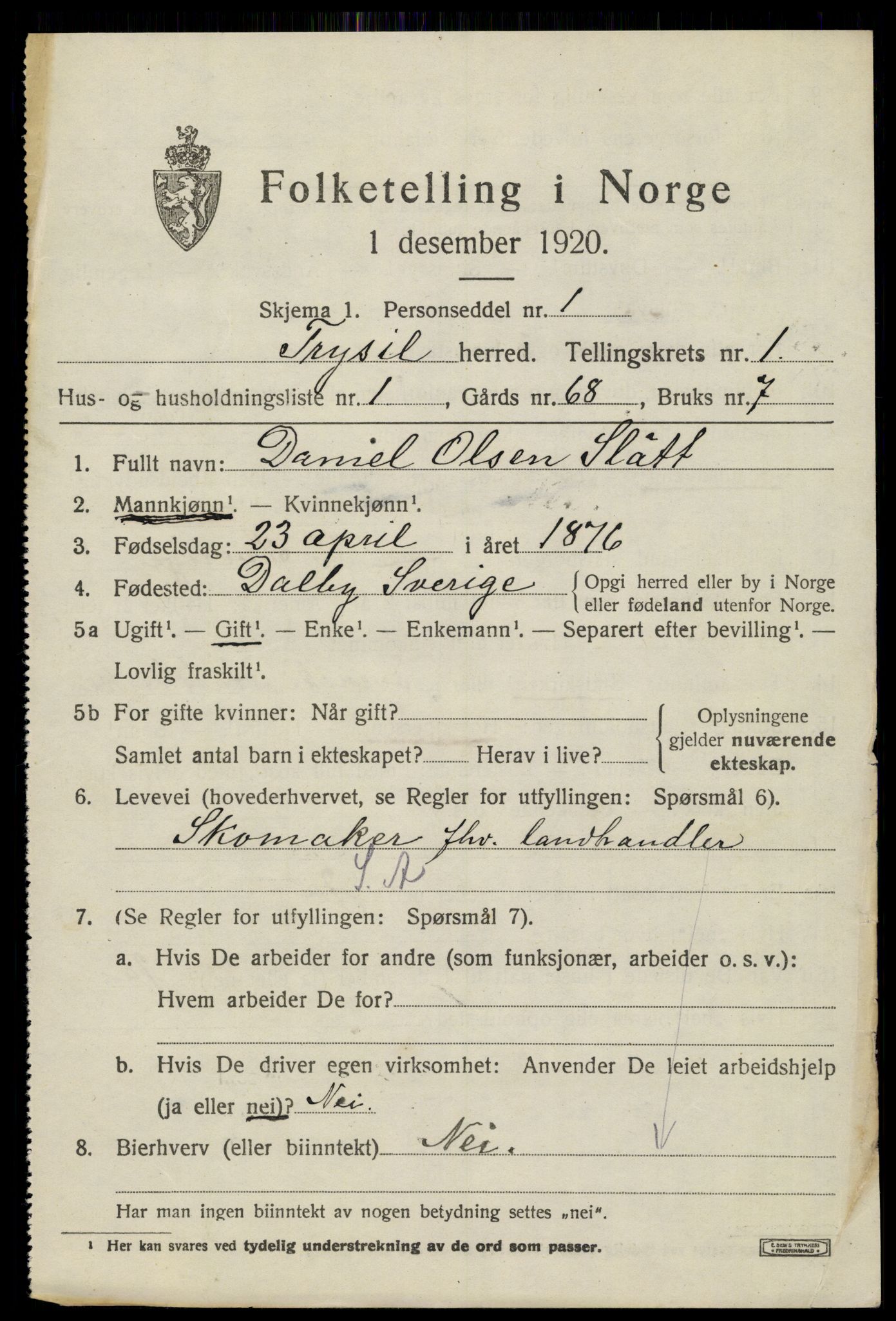 SAH, 1920 census for Trysil, 1920, p. 2537