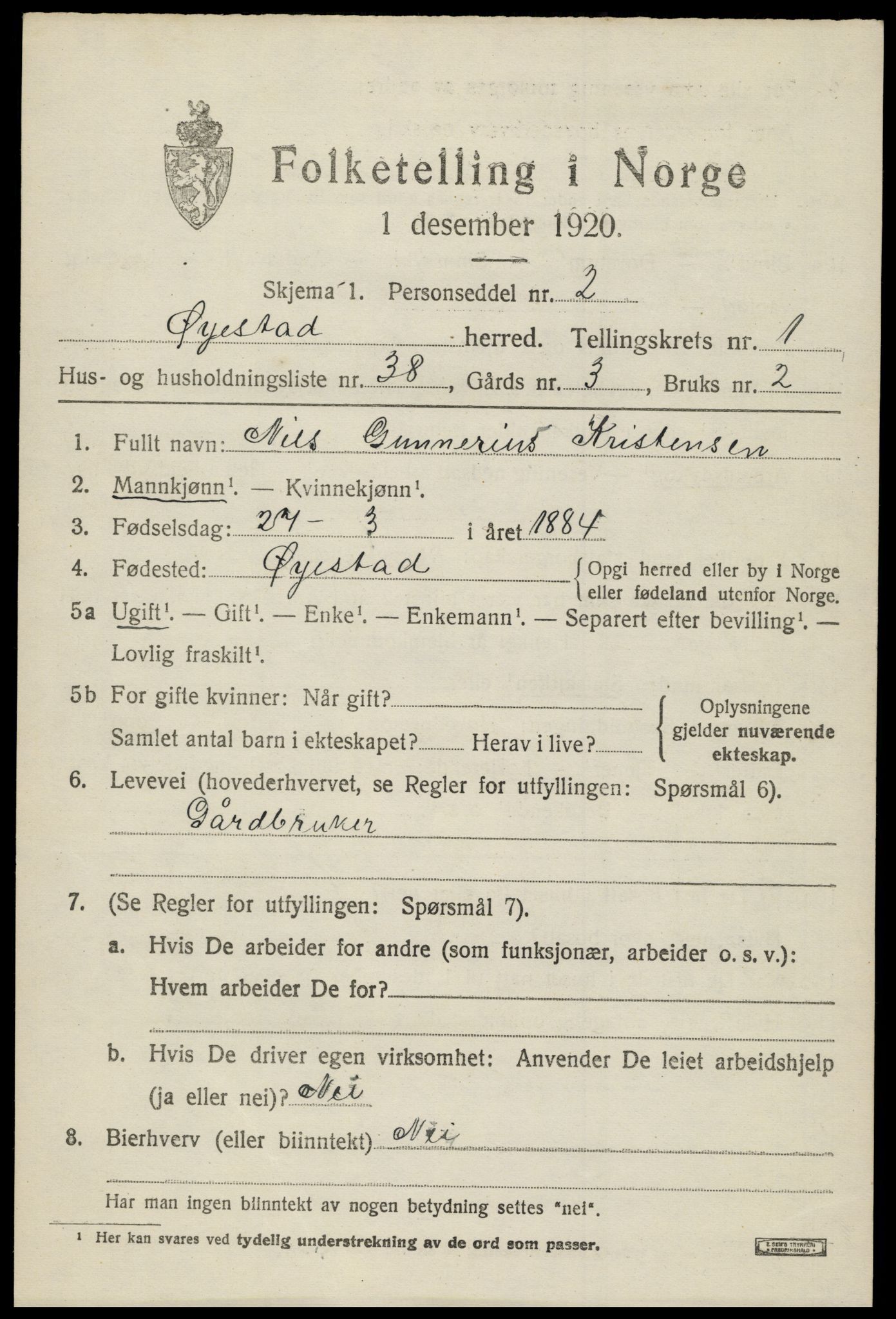 SAK, 1920 census for Øyestad, 1920, p. 2234