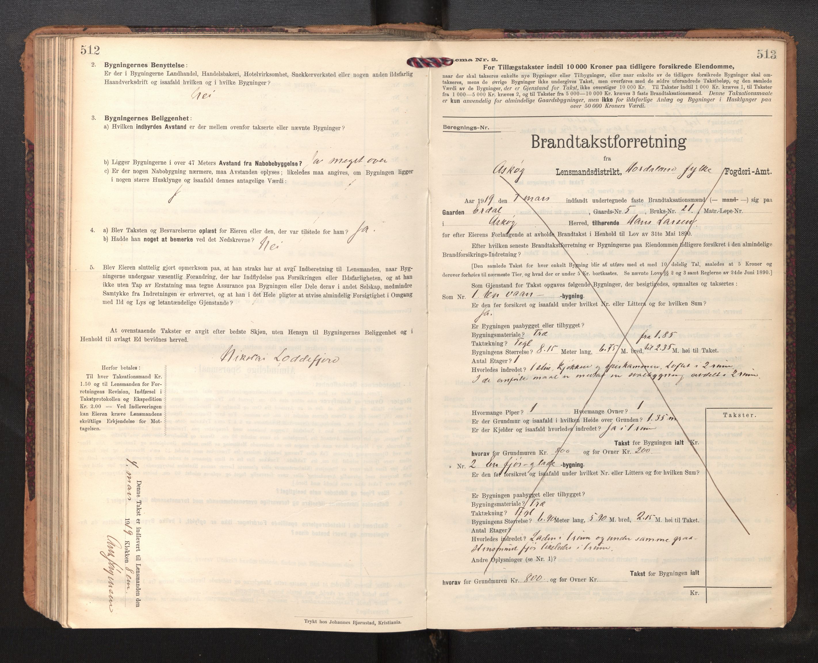 Lensmannen i Askøy, AV/SAB-A-31001/0012/L0007: Branntakstprotokoll, skjematakst, 1910-1919, p. 512-513