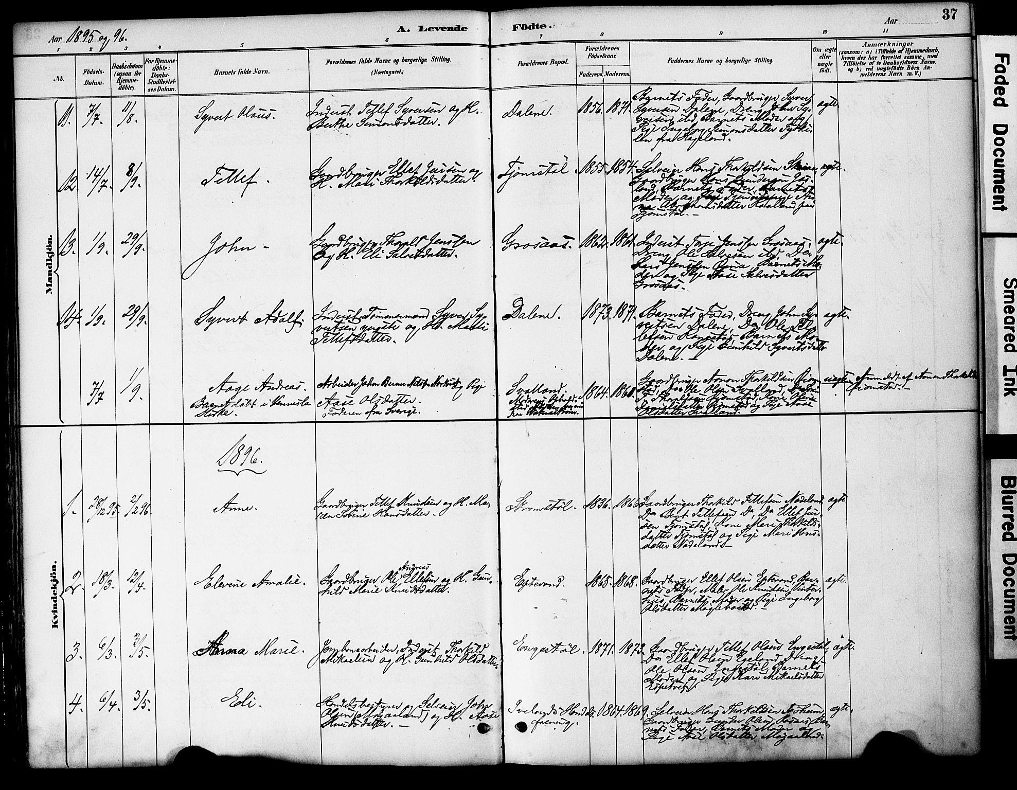 Evje sokneprestkontor, AV/SAK-1111-0008/F/Fa/Fac/L0003: Parish register (official) no. A 3, 1884-1909, p. 37