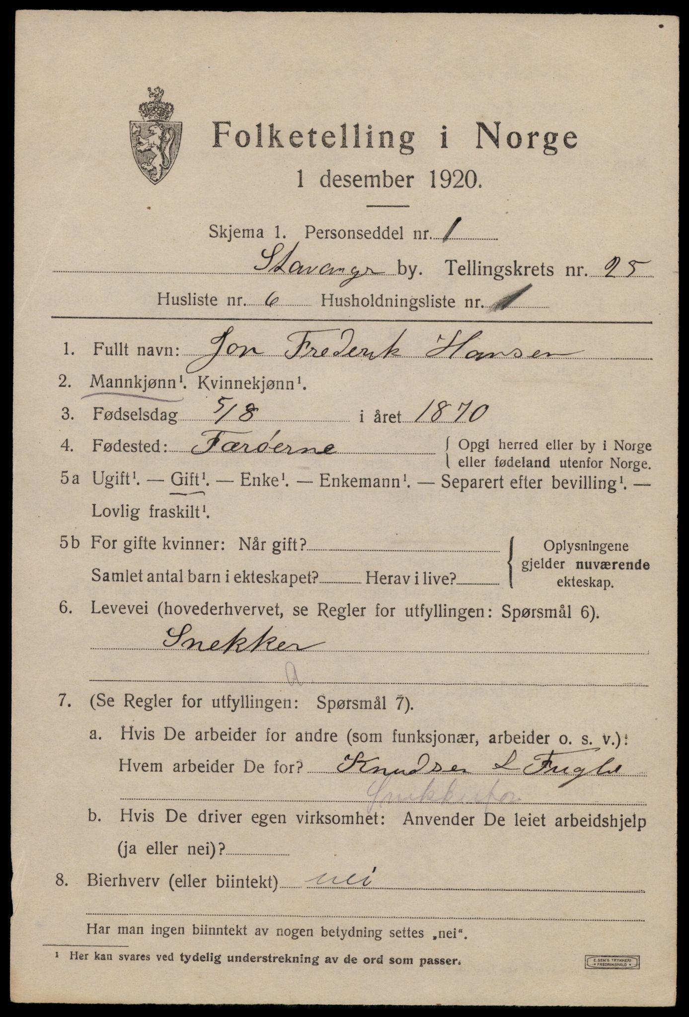 SAST, 1920 census for Stavanger, 1920, p. 77040