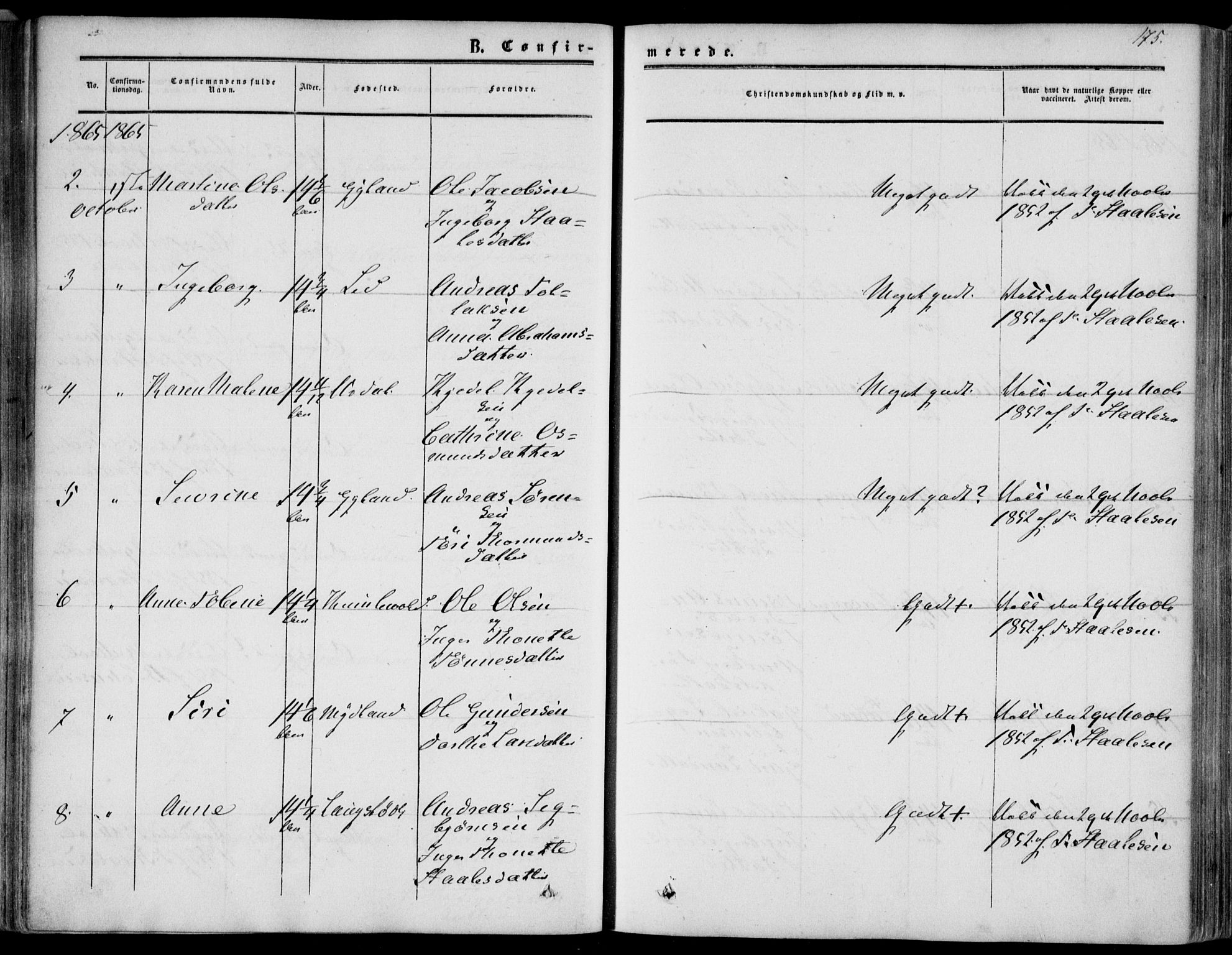 Bakke sokneprestkontor, AV/SAK-1111-0002/F/Fa/Fab/L0002: Parish register (official) no. A 2, 1855-1884, p. 175