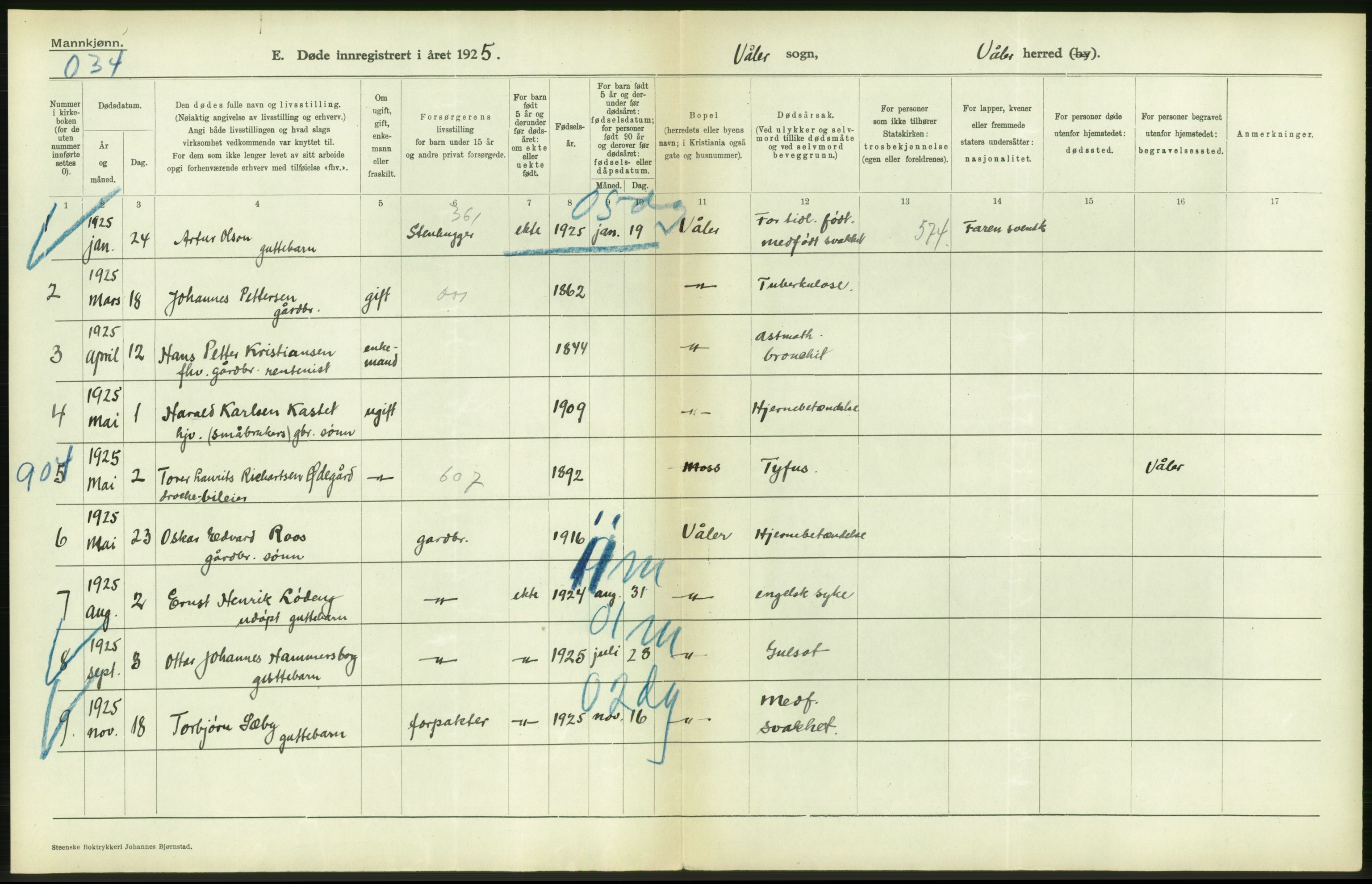 Statistisk sentralbyrå, Sosiodemografiske emner, Befolkning, AV/RA-S-2228/D/Df/Dfc/Dfce/L0002: Østfold fylke: Gifte, døde. Bygder og byer., 1925, p. 288