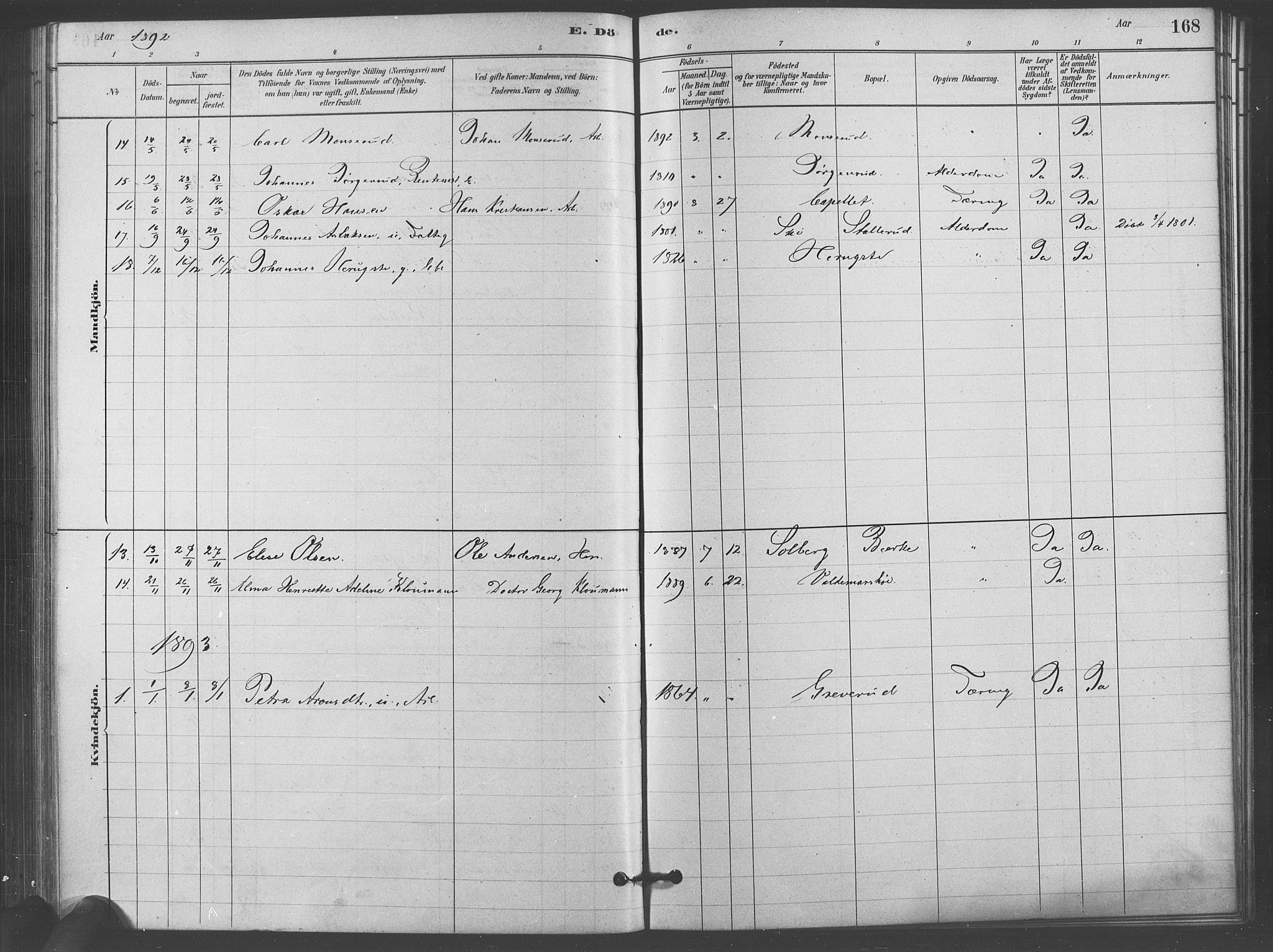 Kråkstad prestekontor Kirkebøker, AV/SAO-A-10125a/F/Fb/L0001: Parish register (official) no. II 1, 1880-1892, p. 168