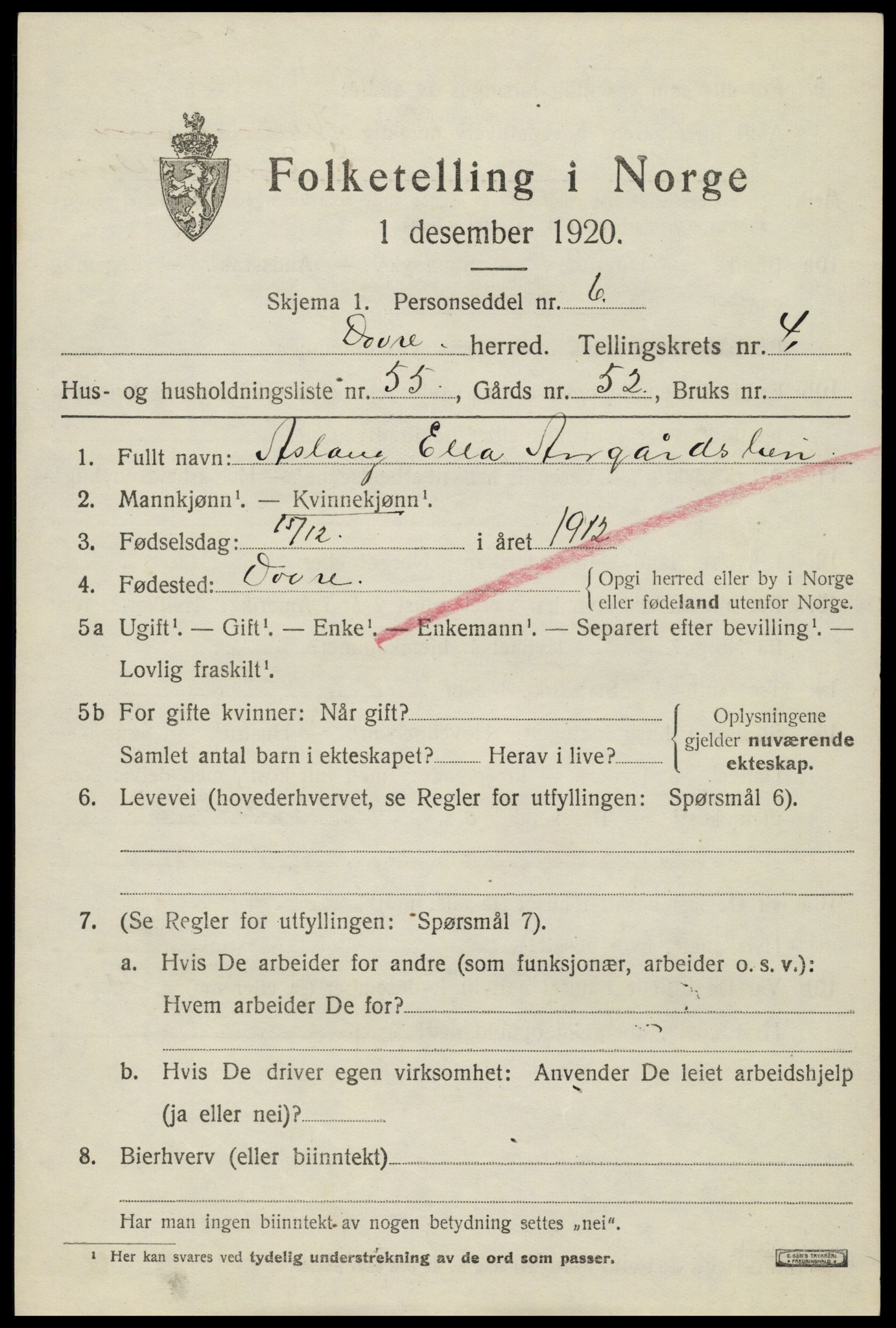 SAH, 1920 census for Dovre, 1920, p. 5174