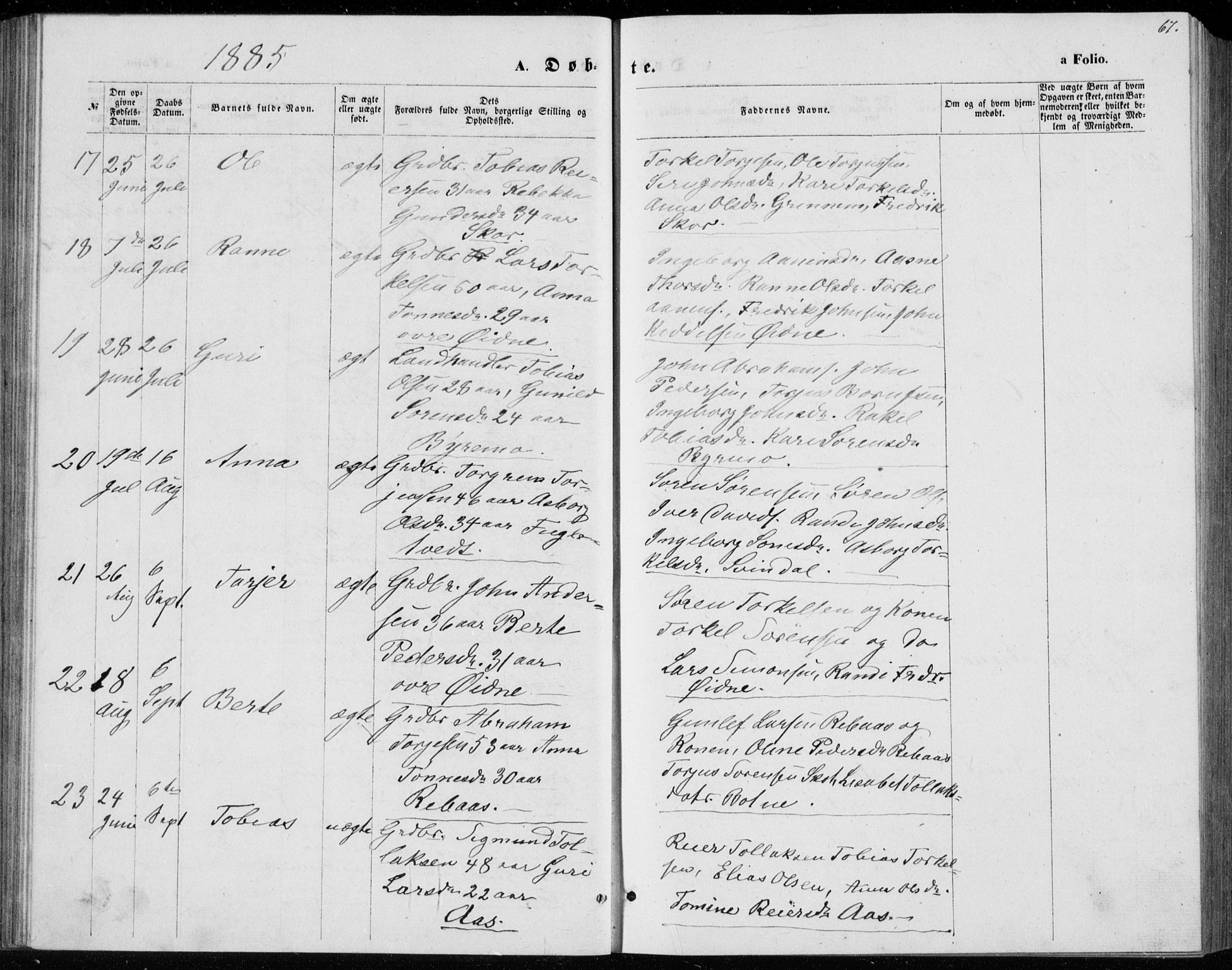 Bjelland sokneprestkontor, AV/SAK-1111-0005/F/Fb/Fbc/L0002: Parish register (copy) no. B 2, 1867-1887, p. 67