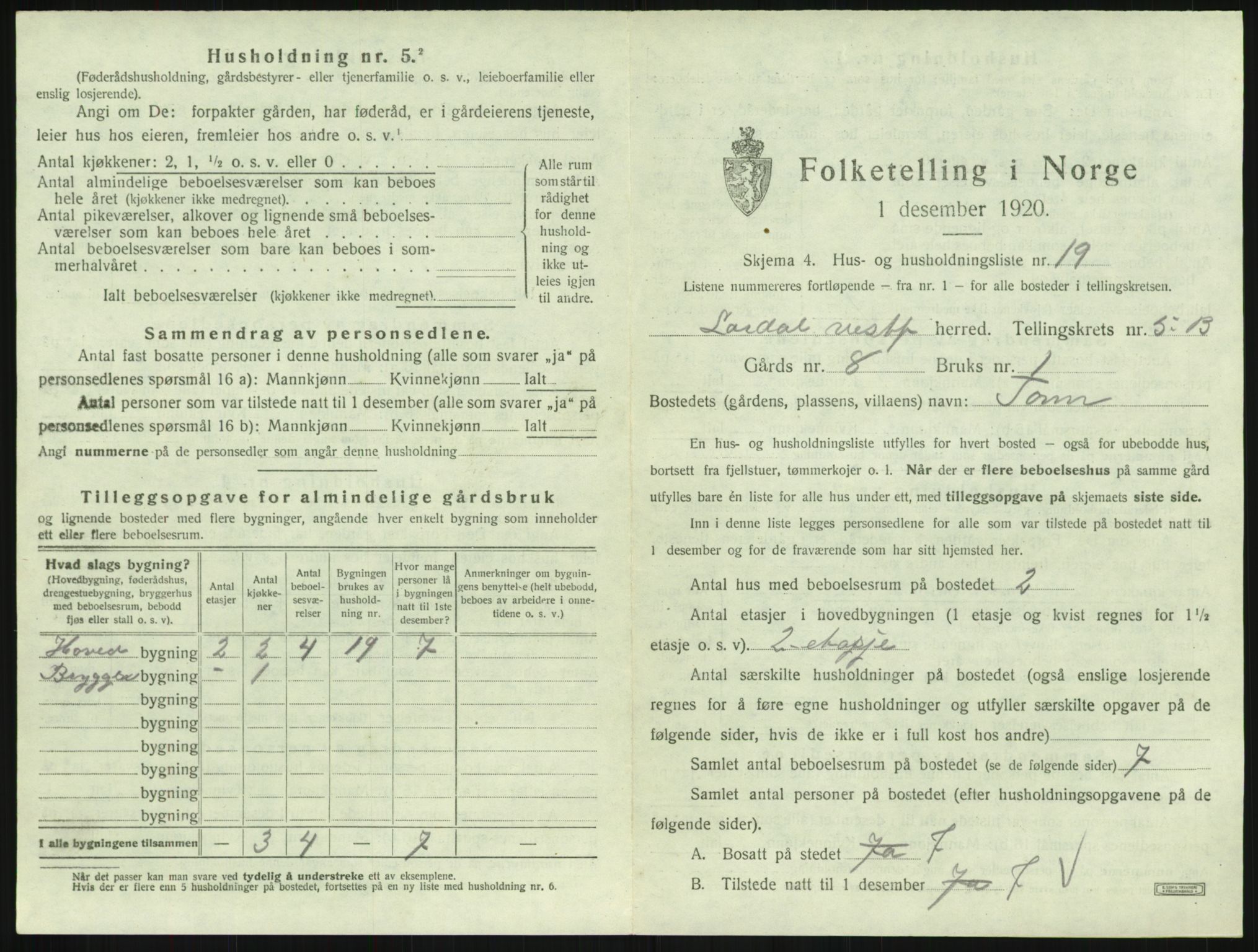 SAKO, 1920 census for Lardal, 1920, p. 857