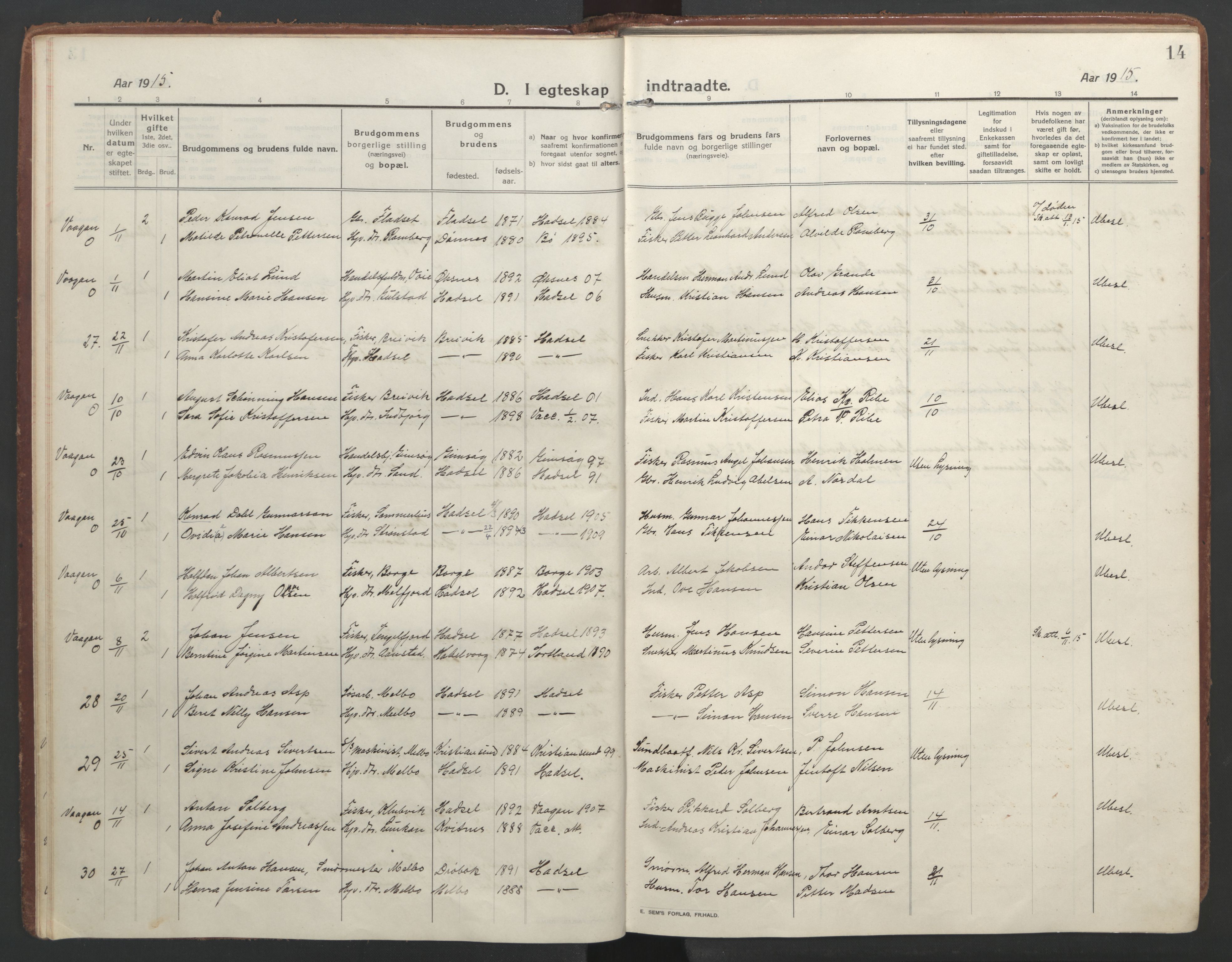 Ministerialprotokoller, klokkerbøker og fødselsregistre - Nordland, AV/SAT-A-1459/888/L1251: Parish register (official) no. 888A17, 1913-1925, p. 14