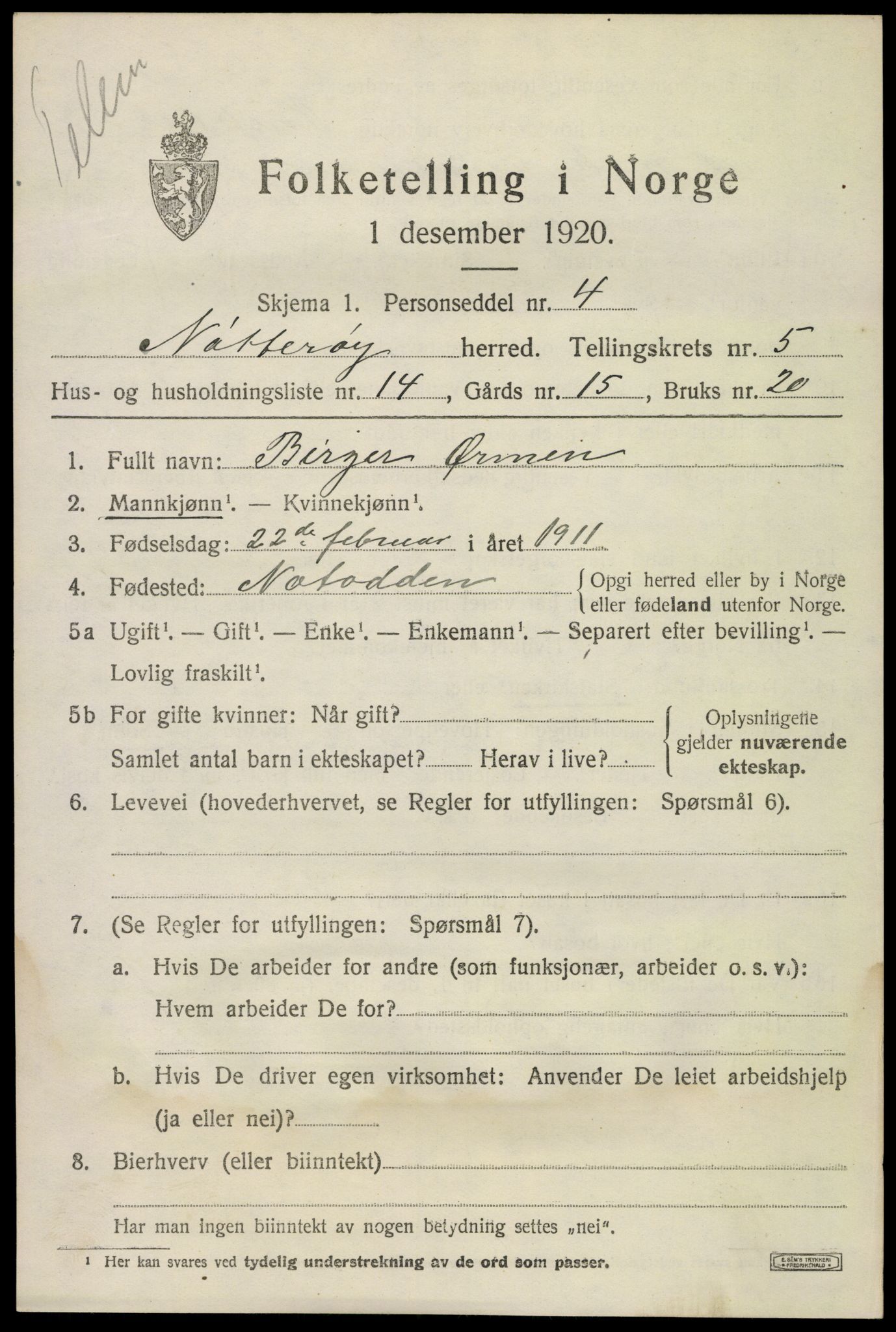SAKO, 1920 census for Nøtterøy, 1920, p. 7711