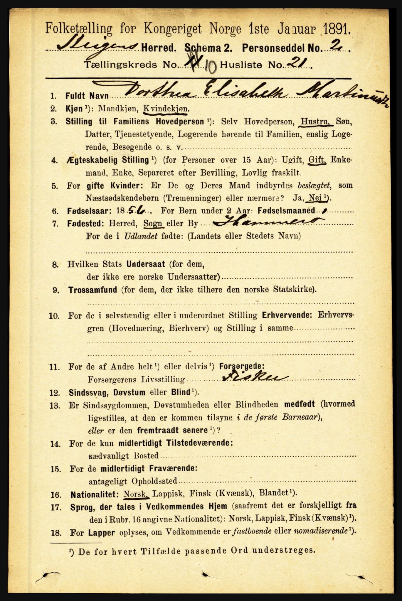 RA, 1891 census for 1848 Steigen, 1891, p. 3568