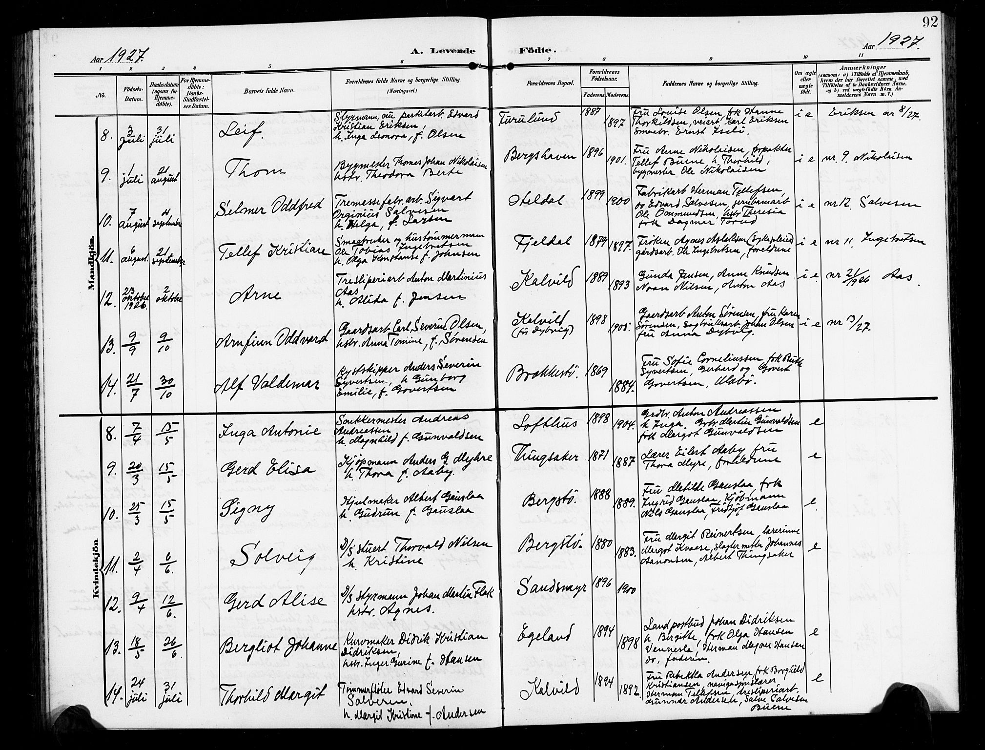 Vestre Moland sokneprestkontor, AV/SAK-1111-0046/F/Fb/Fbb/L0007: Parish register (copy) no. B 7, 1906-1929, p. 92