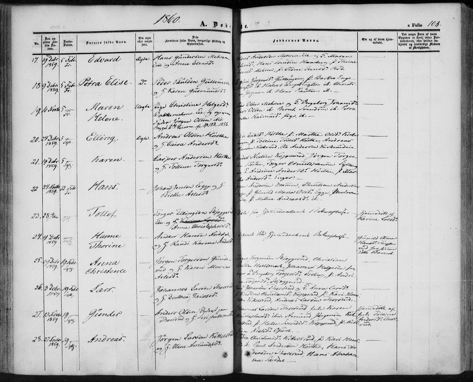 Lier kirkebøker, SAKO/A-230/F/Fa/L0012: Parish register (official) no. I 12, 1854-1864, p. 103