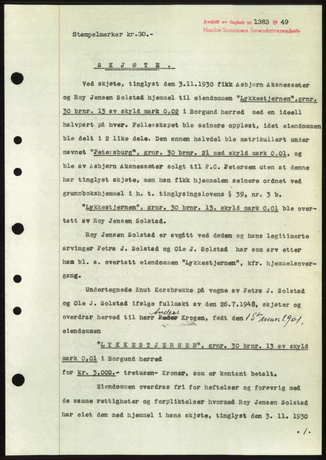 Nordre Sunnmøre sorenskriveri, AV/SAT-A-0006/1/2/2C/2Ca: Mortgage book no. A31, 1949-1949, Diary no: : 1383/1949