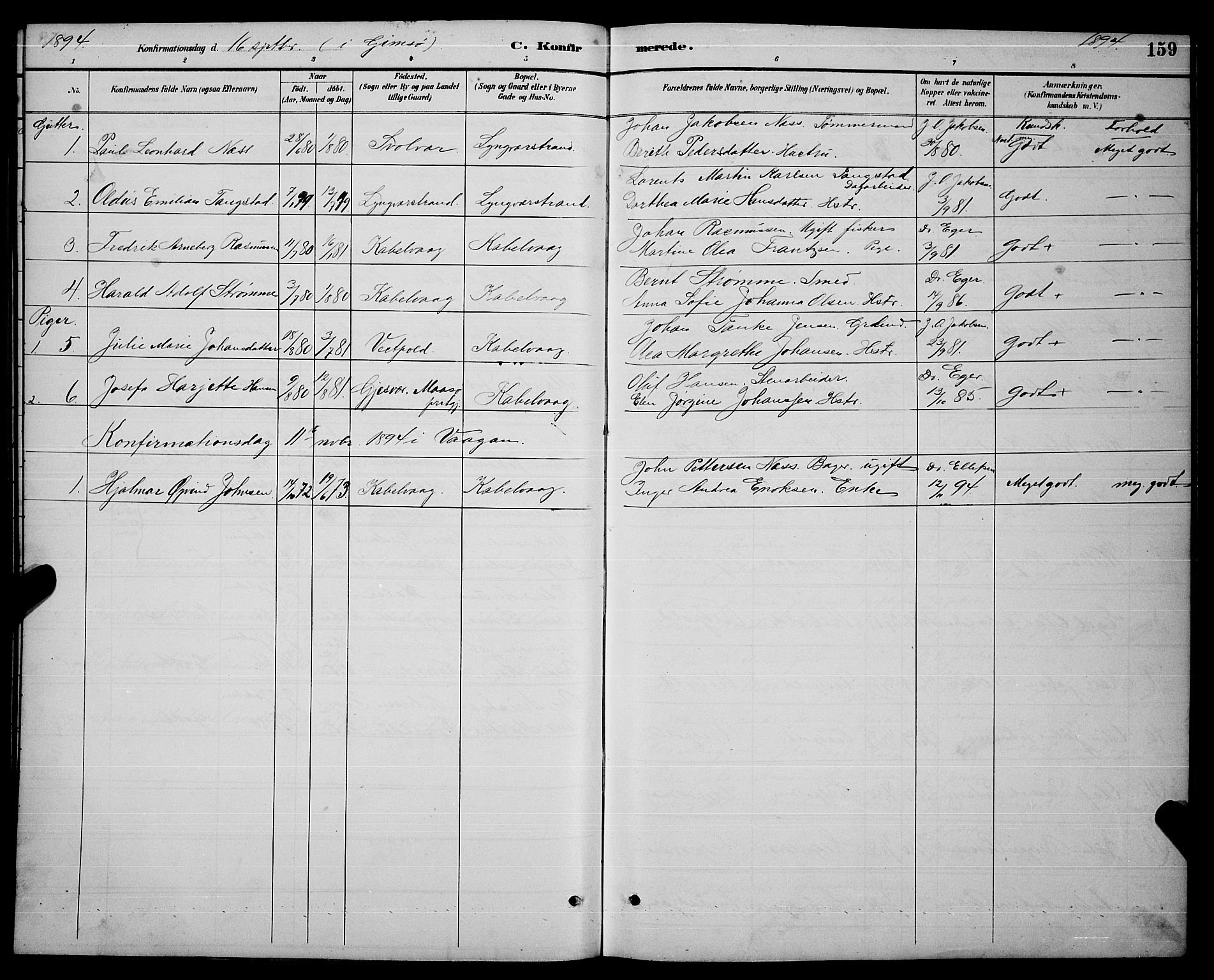 Ministerialprotokoller, klokkerbøker og fødselsregistre - Nordland, AV/SAT-A-1459/874/L1077: Parish register (copy) no. 874C06, 1891-1900, p. 159