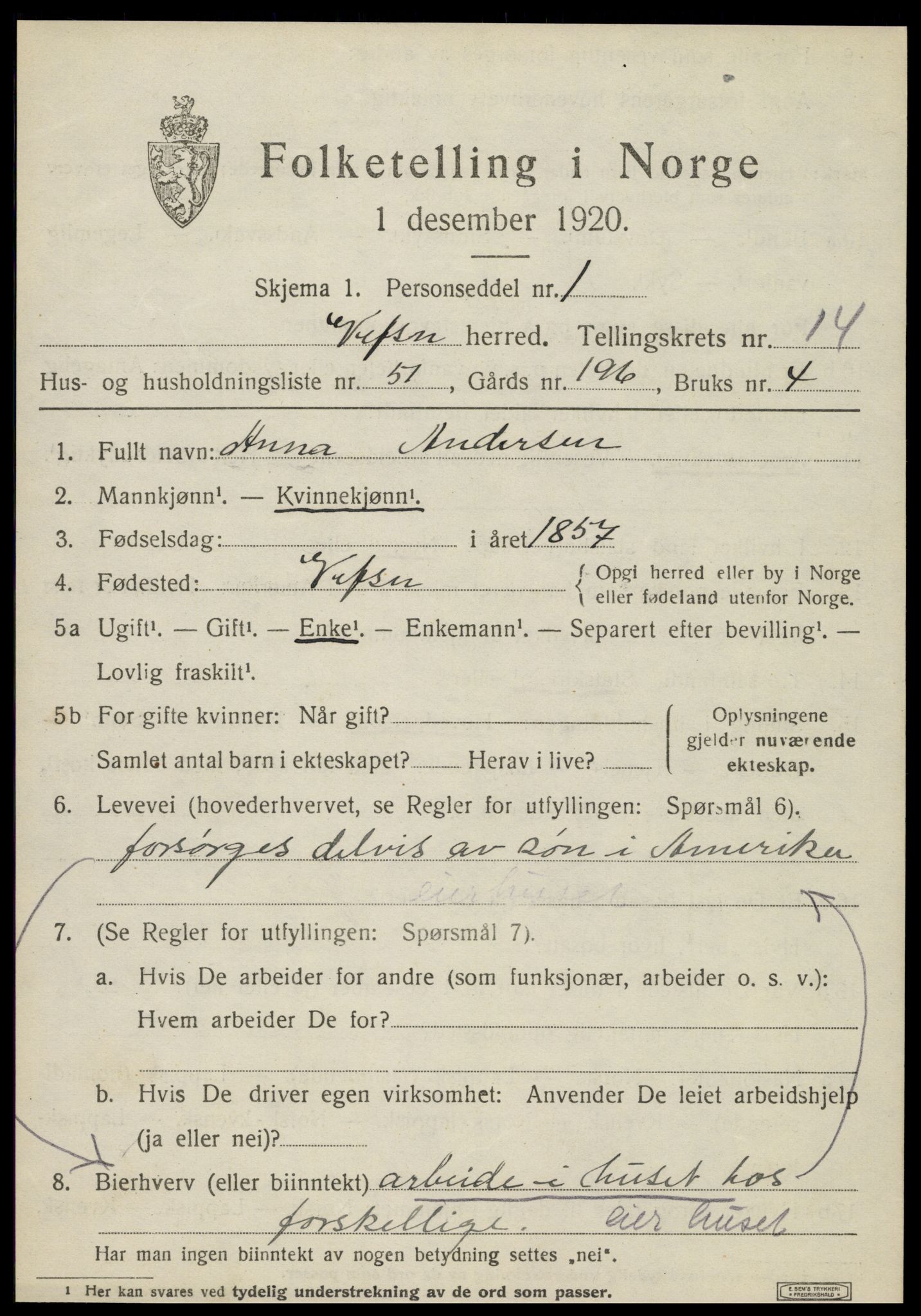 SAT, 1920 census for Vefsn, 1920, p. 11687