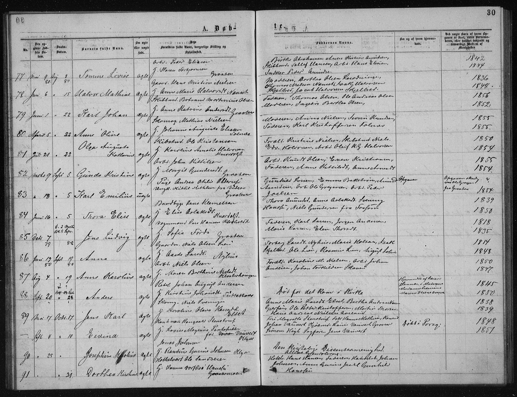 Solum kirkebøker, AV/SAKO-A-306/G/Ga/L0005: Parish register (copy) no. I 5, 1877-1881, p. 30