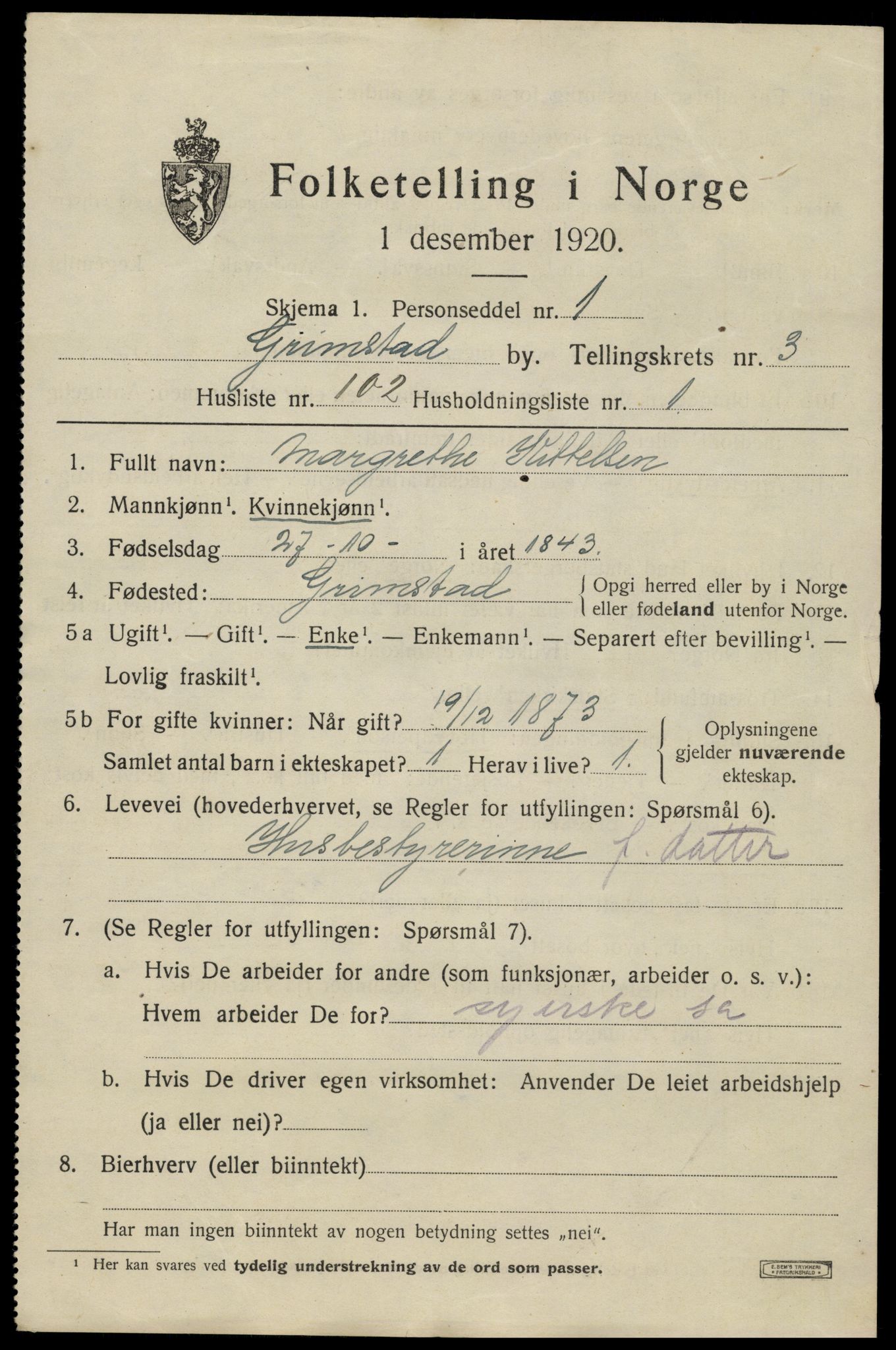 SAK, 1920 census for Grimstad, 1920, p. 5435