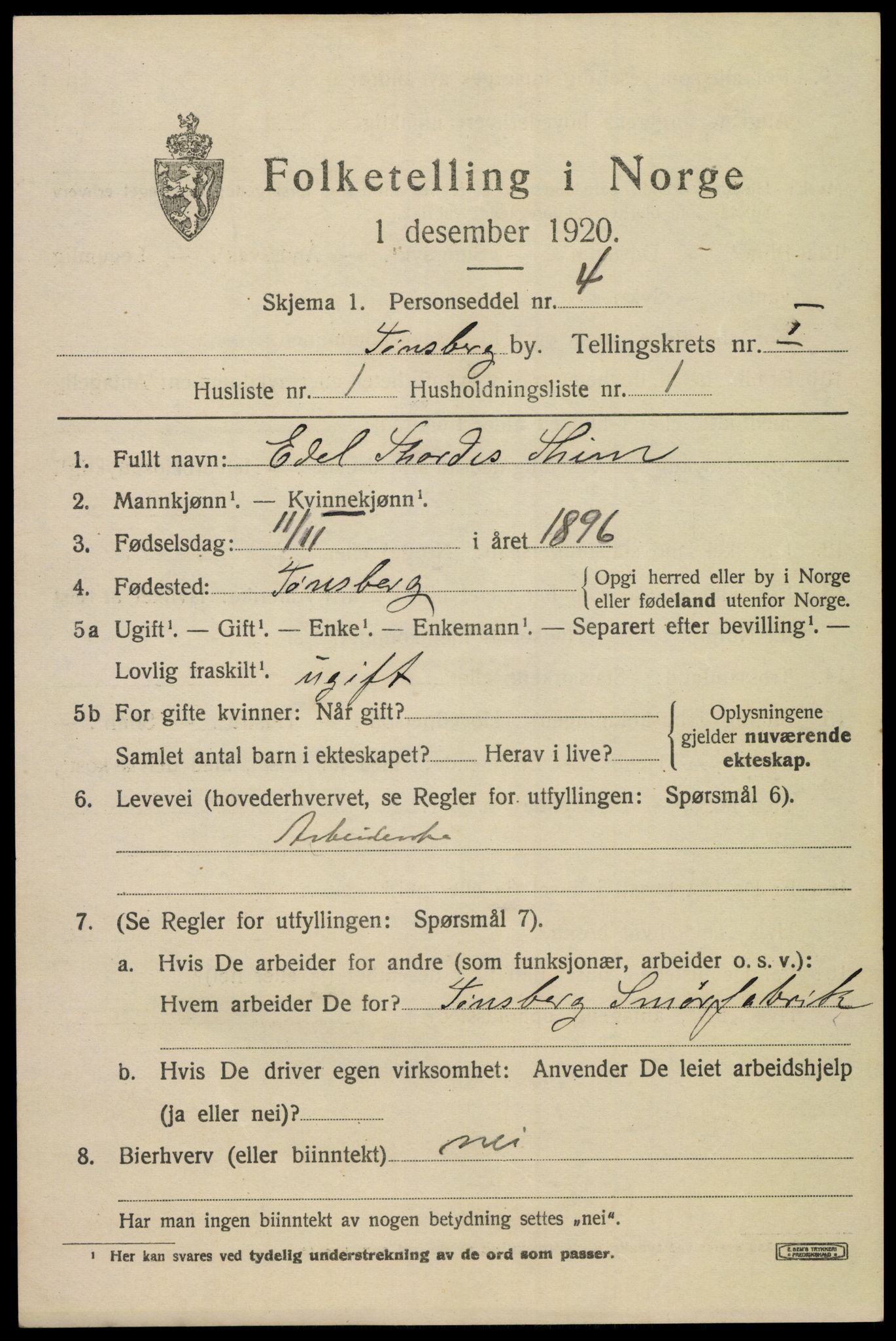 SAKO, 1920 census for Tønsberg, 1920, p. 8743