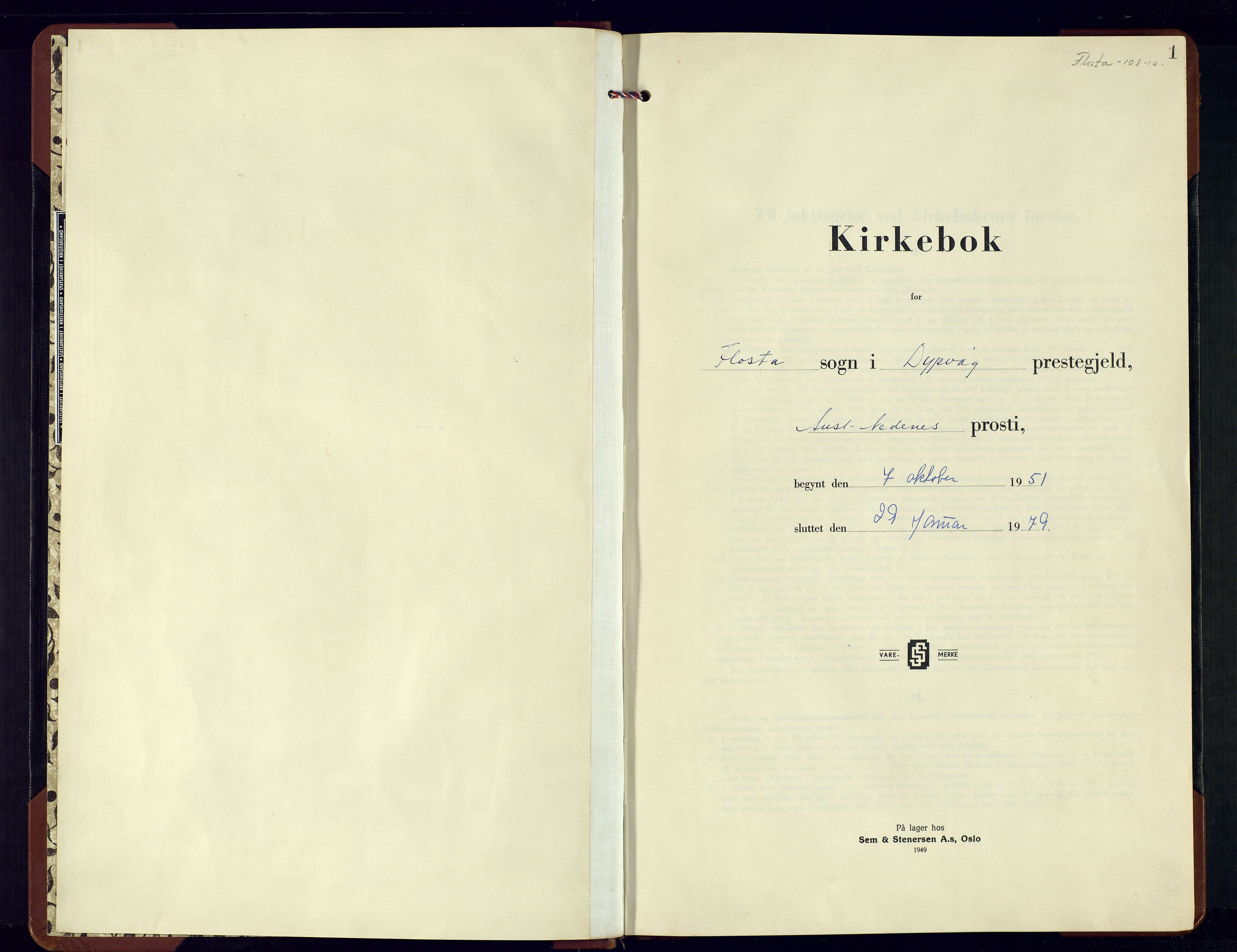 Dypvåg sokneprestkontor, AV/SAK-1111-0007/F/Fb/Fbb/L0008: Parish register (copy) no. B-8, 1951-1978, p. 1