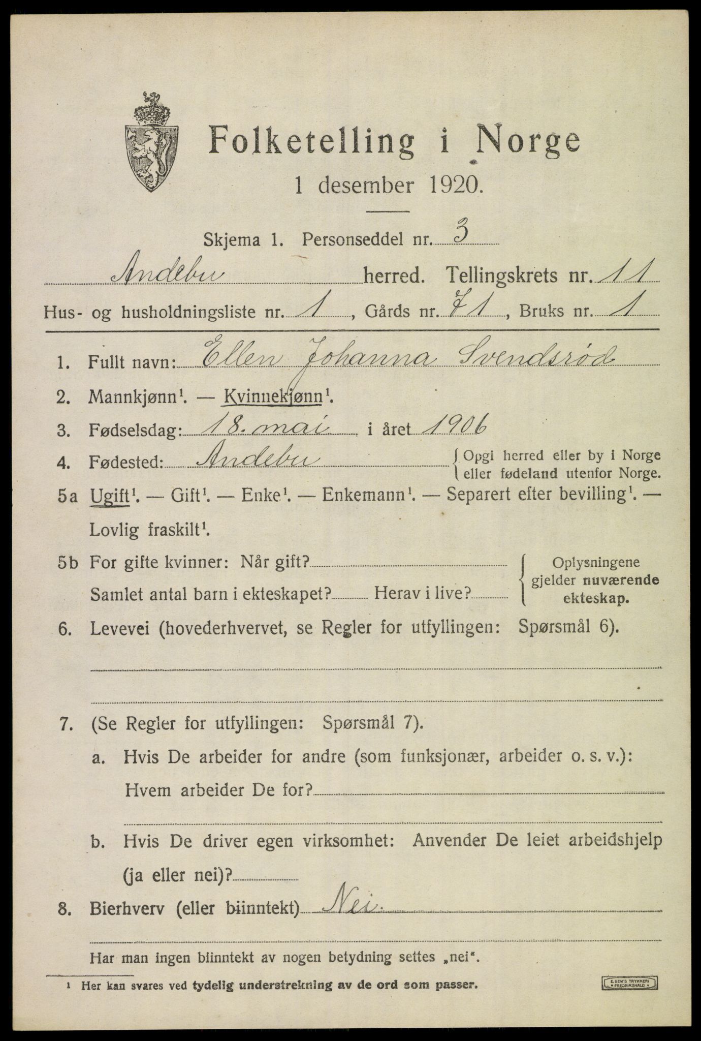 SAKO, 1920 census for Andebu, 1920, p. 4118