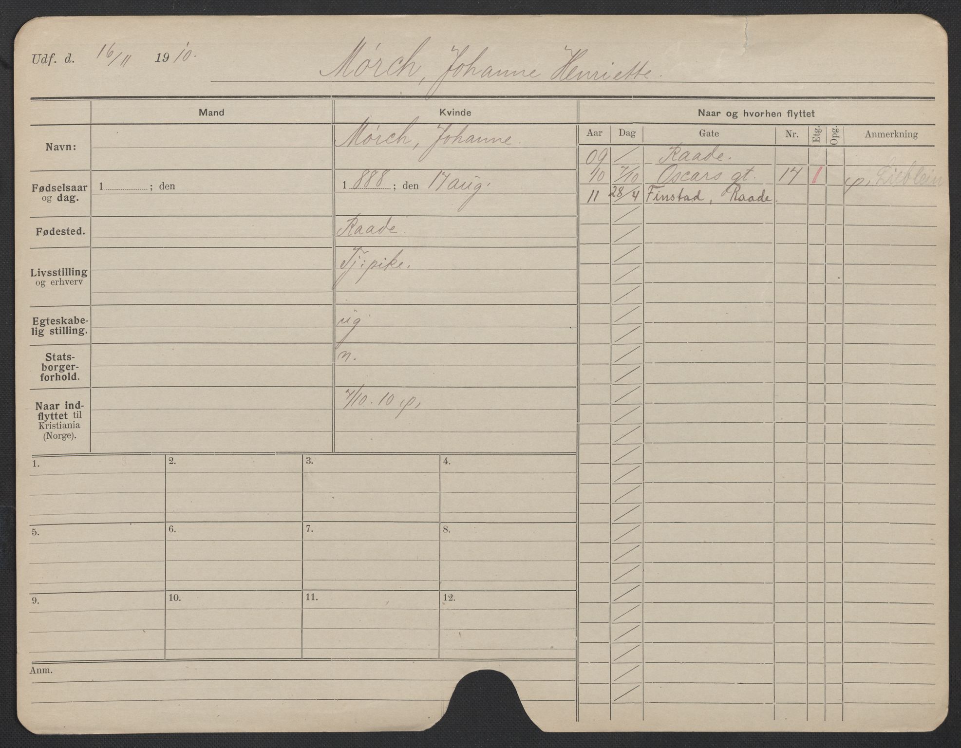 Oslo folkeregister, Registerkort, AV/SAO-A-11715/F/Fa/Fac/L0020: Kvinner, 1906-1914, p. 1223a