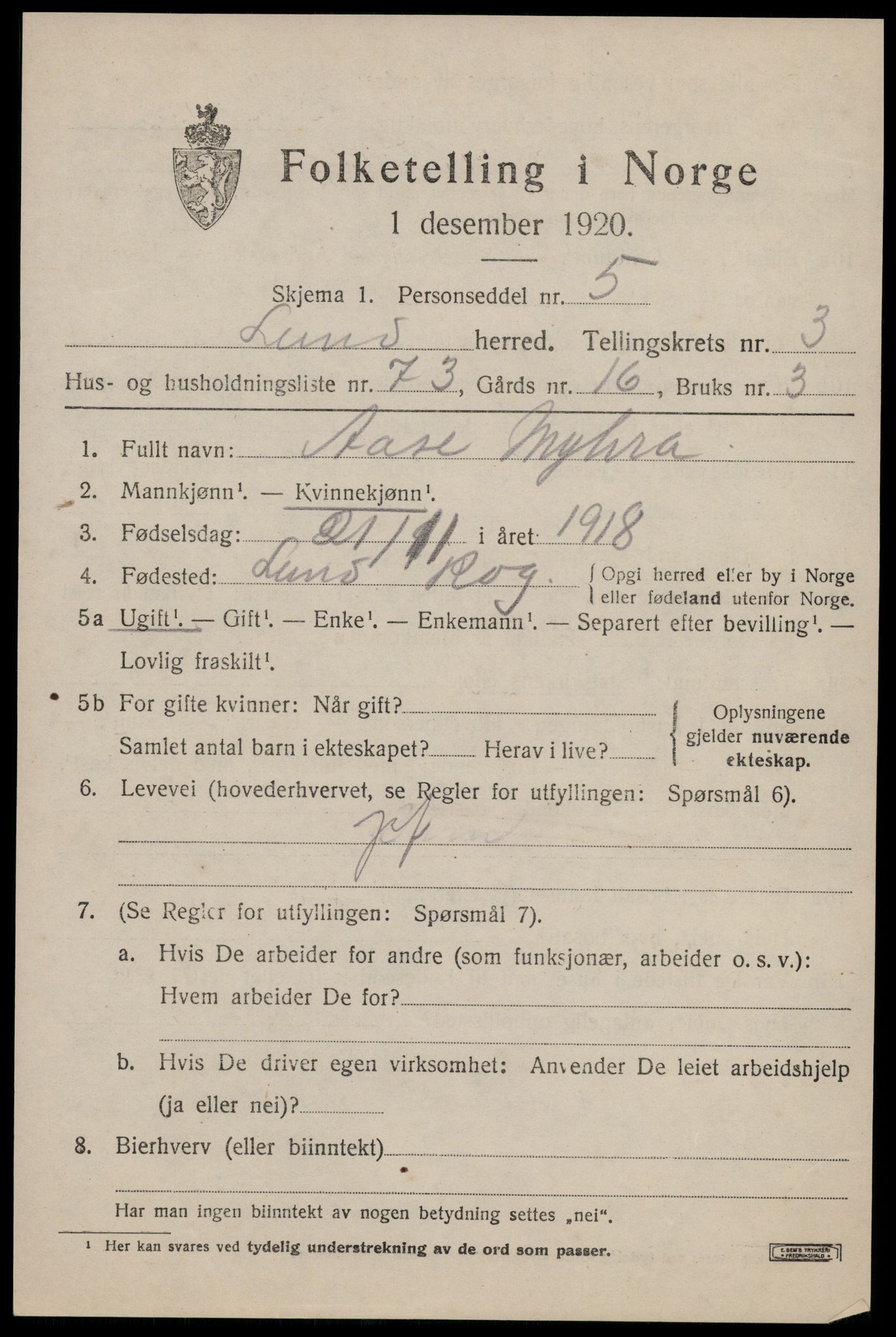 SAST, 1920 census for Lund, 1920, p. 2114