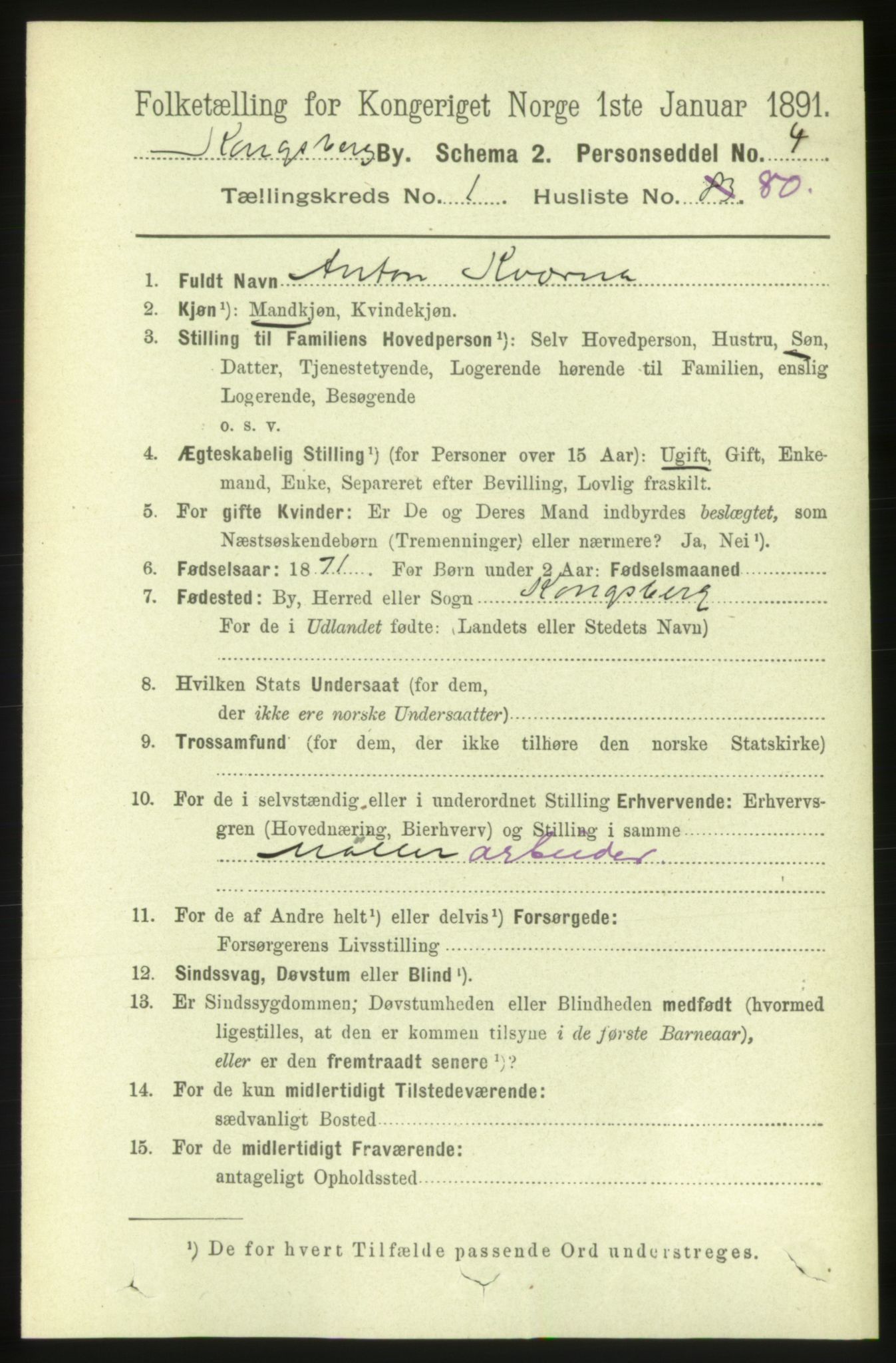 RA, 1891 census for 0604 Kongsberg, 1891, p. 2218