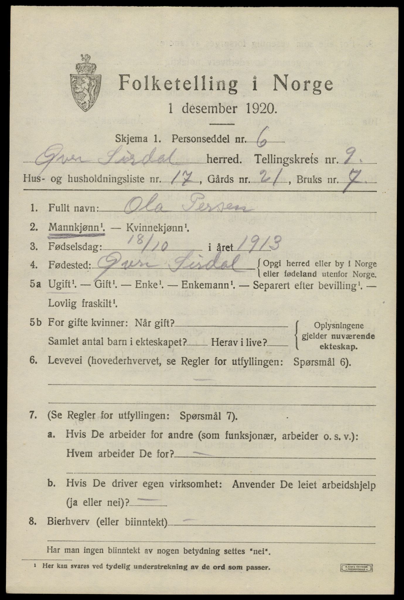 SAK, 1920 census for Øvre Sirdal, 1920, p. 1653