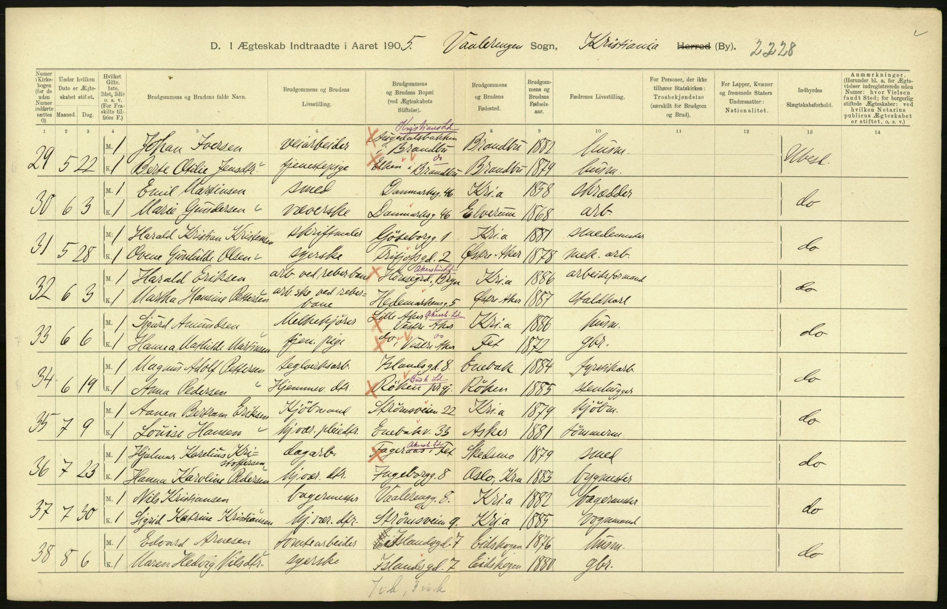 Statistisk sentralbyrå, Sosiodemografiske emner, Befolkning, AV/RA-S-2228/D/Df/Dfa/Dfac/L0007b: Kristiania: Gifte, 1905, p. 374