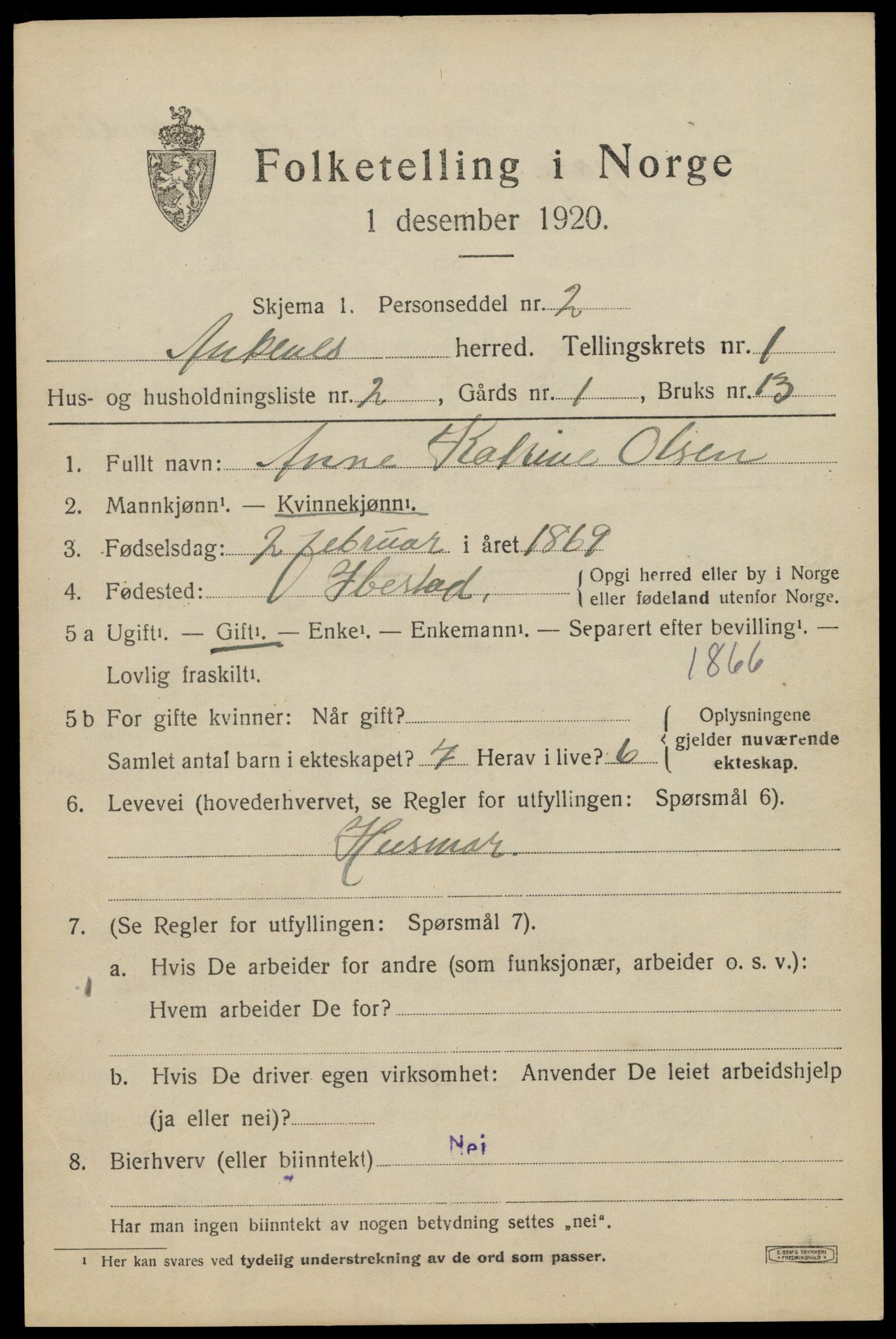 SAT, 1920 census for Ankenes, 1920, p. 1217