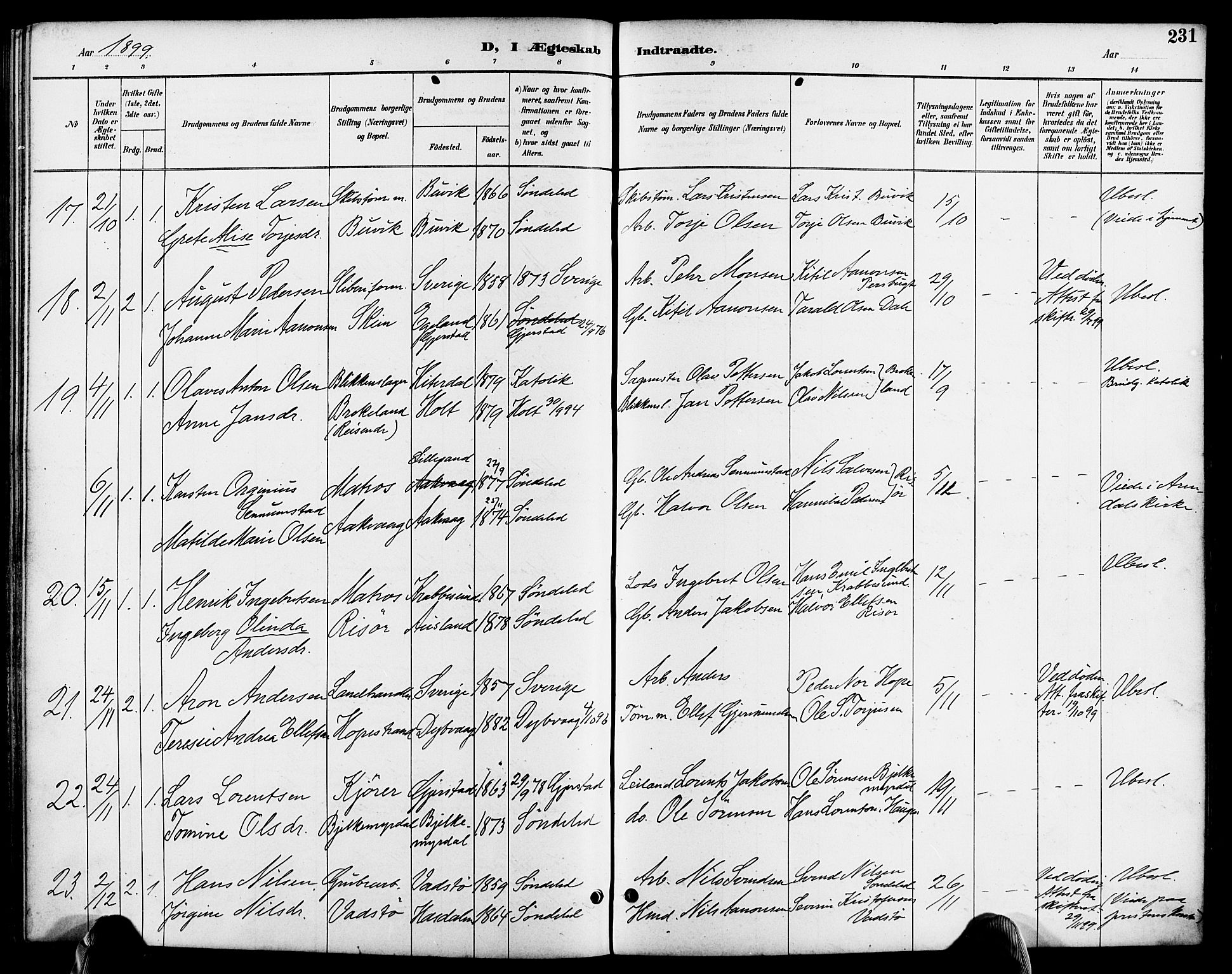 Søndeled sokneprestkontor, AV/SAK-1111-0038/F/Fa/L0005: Parish register (official) no. A 5, 1889-1899, p. 231