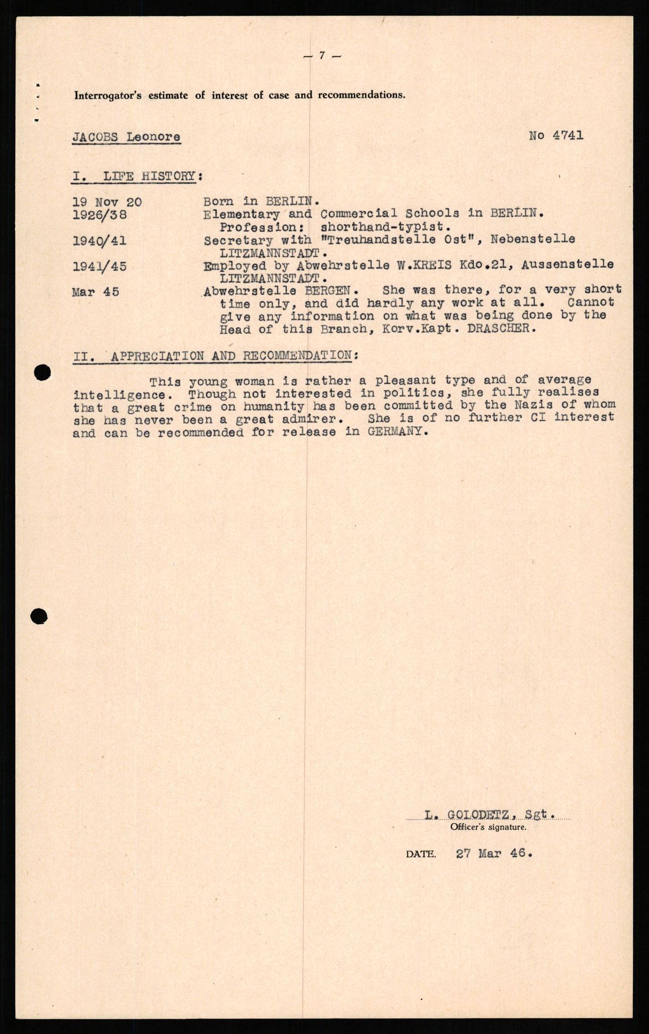 Forsvaret, Forsvarets overkommando II, RA/RAFA-3915/D/Db/L0014: CI Questionaires. Tyske okkupasjonsstyrker i Norge. Tyskere., 1945-1946, p. 439